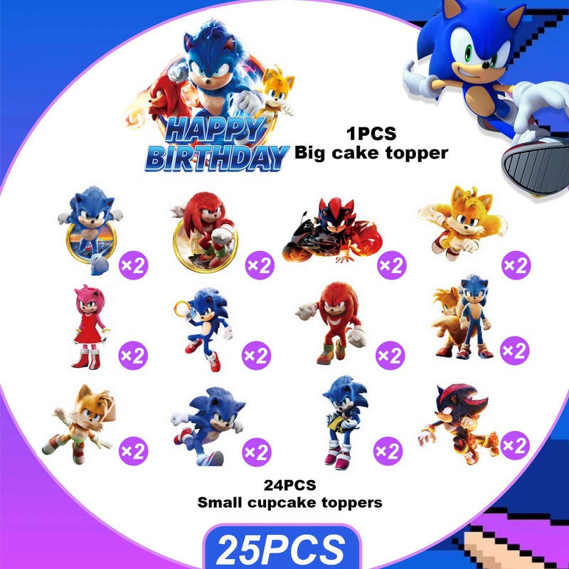 25 Pcs Sonic Cake Topper Sonic Party Decoration Boy Birthday Cake Supplies Set