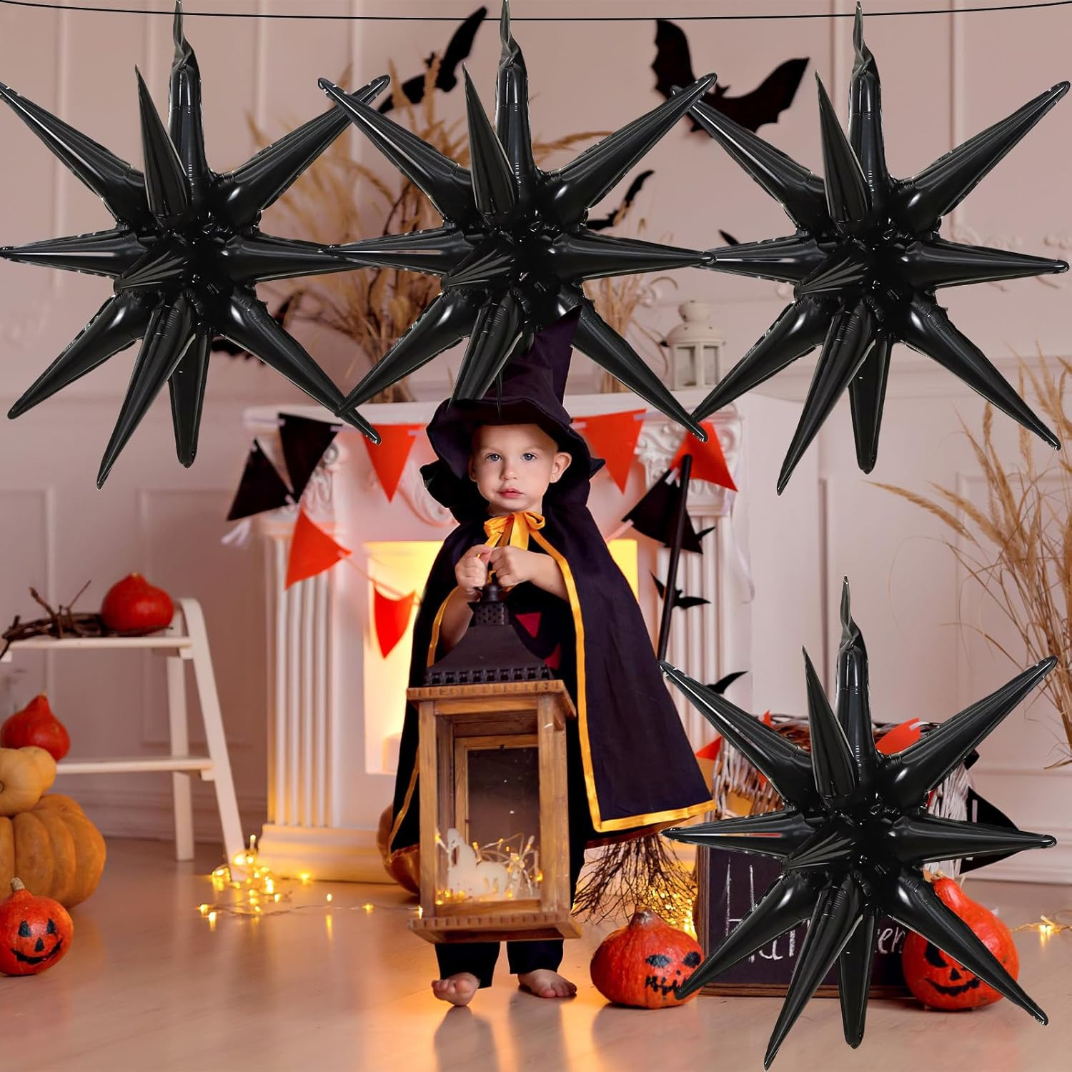 6 Pieces 27 Inches Black Explosion Balloons, Large 14-Pointed One-Piece Cone Sta