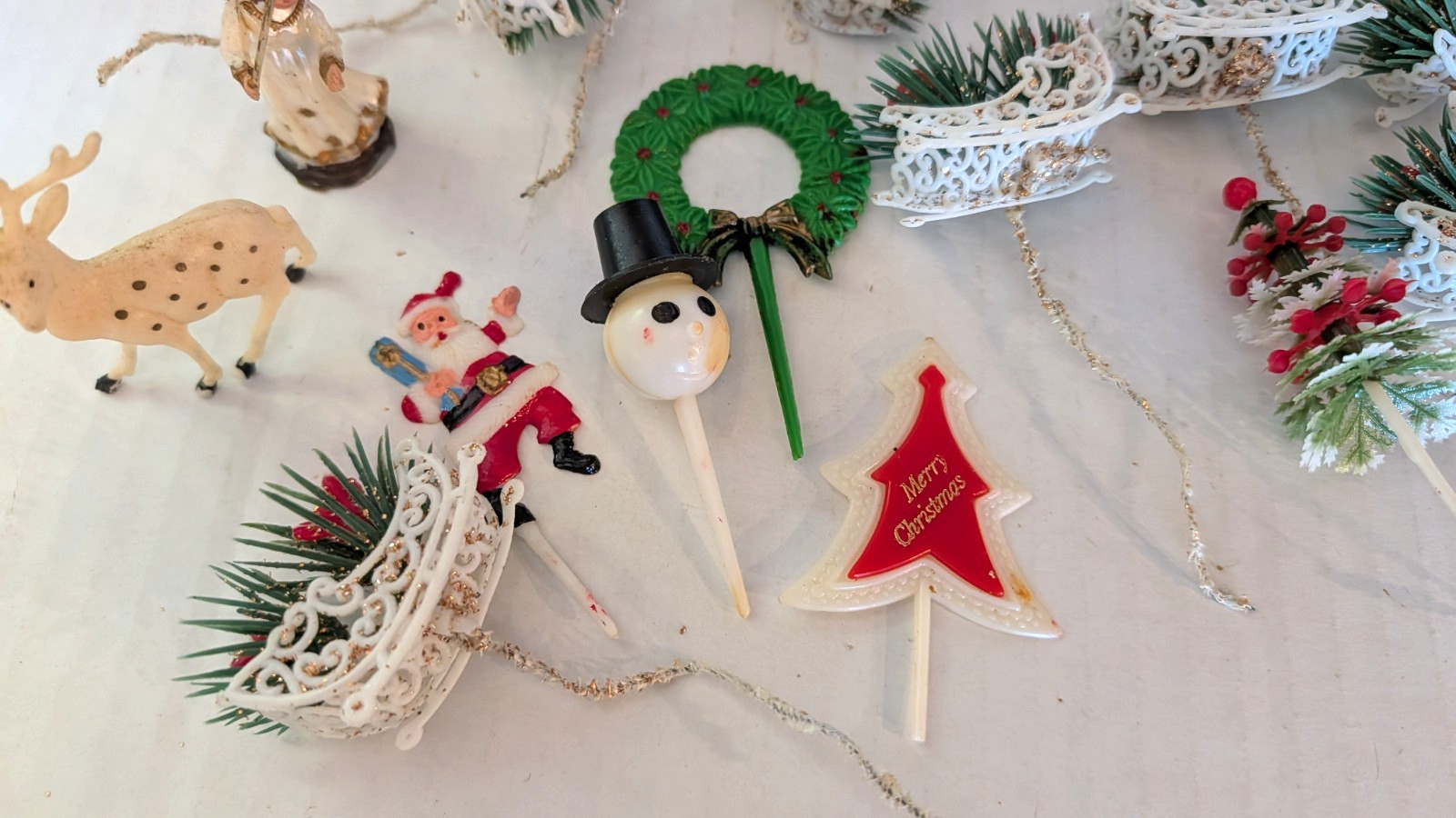 Vtg Christmas Cup Cake Picks Toppers ornaments crafting Lot angels santa deer B1