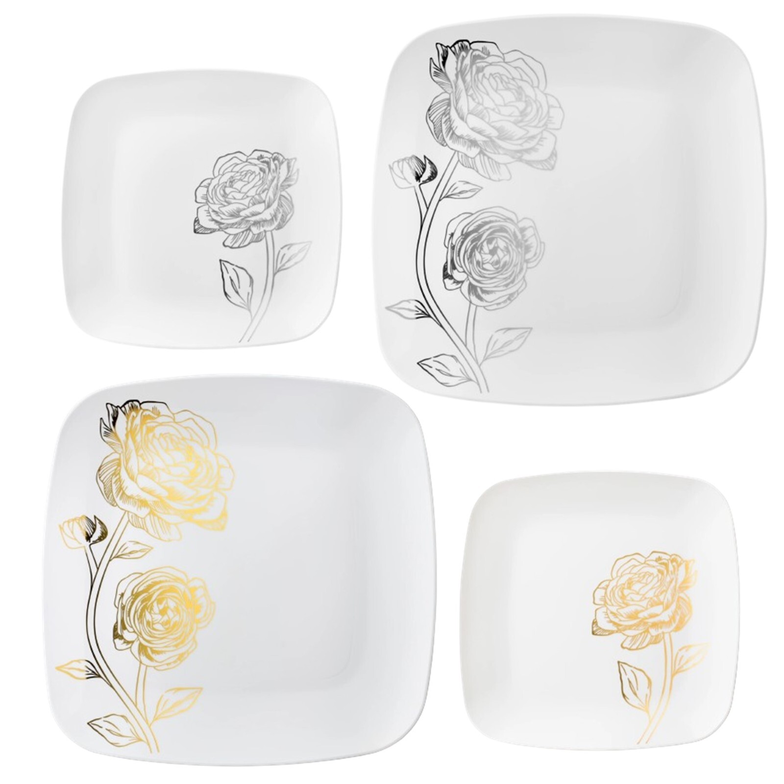 Peony Collection White & Silver Gold Square Dinner Heavyweight Disposable Plates