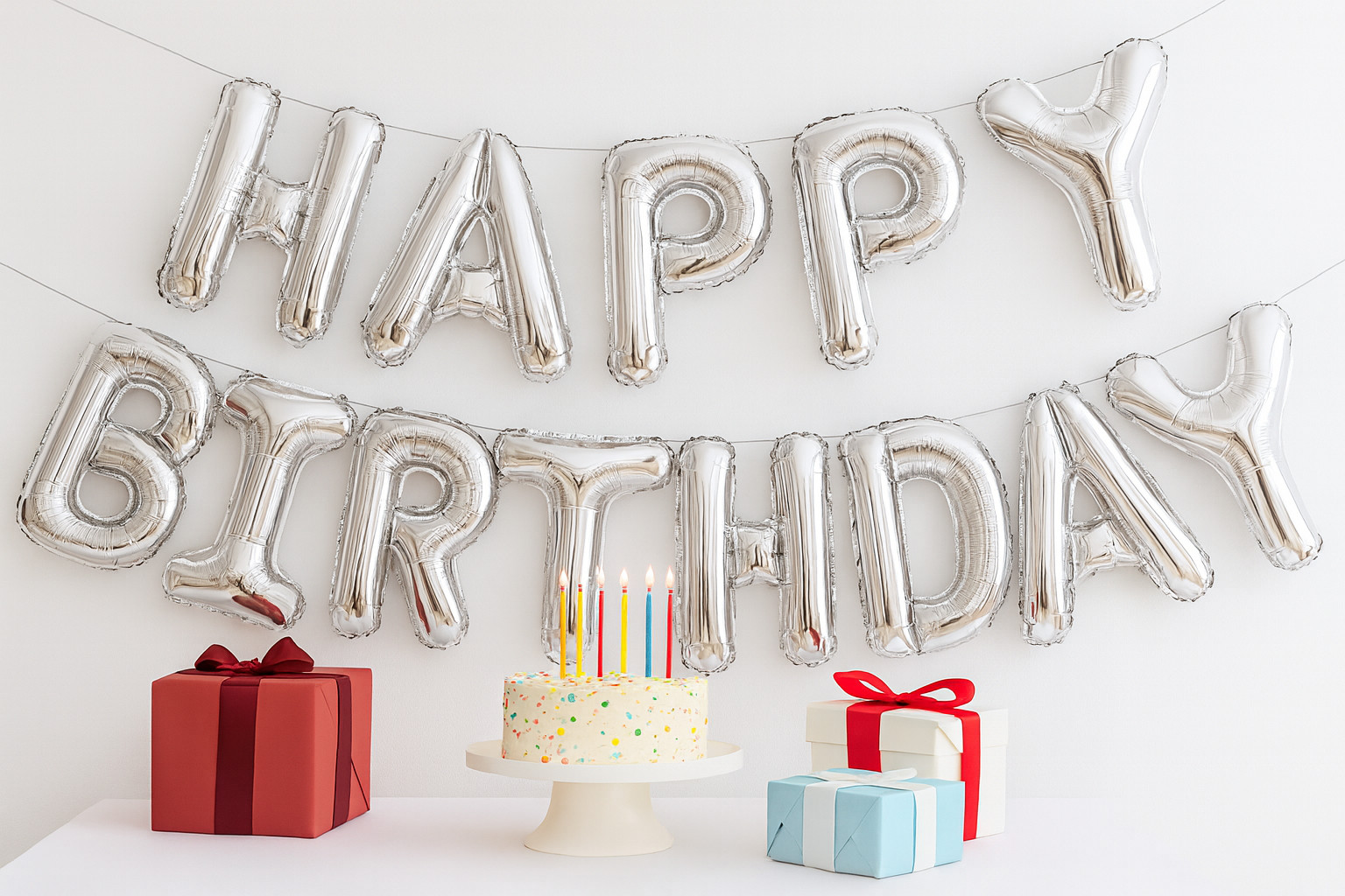 HAPPY BIRTHDAY 16” Balloons Letters Banner Set with Straw & Ribbon – Silver