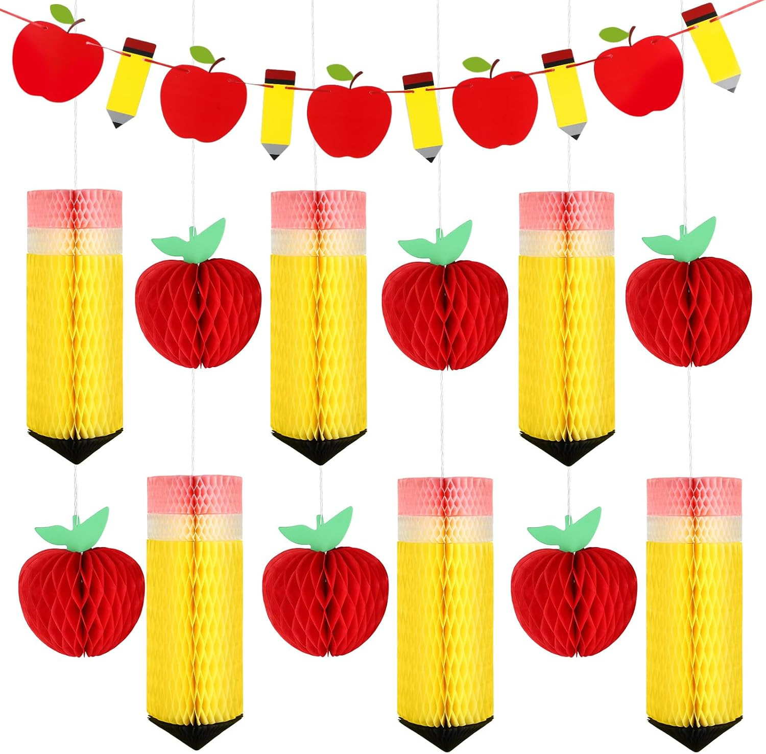13Pcs Back to School Hanging Decorations Pencil Apple Hanging Honeycombs Classro