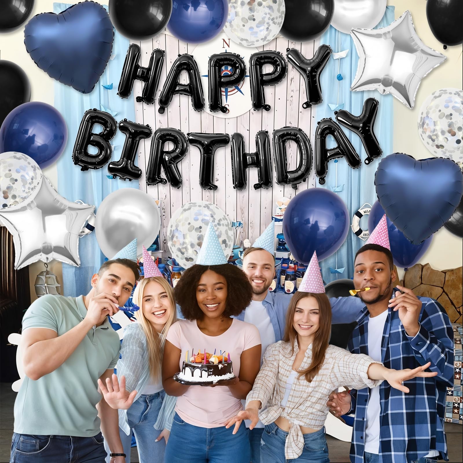 Navy Blue and Black Birthday Decorations for Men,Blue Black White Balloons Ha…