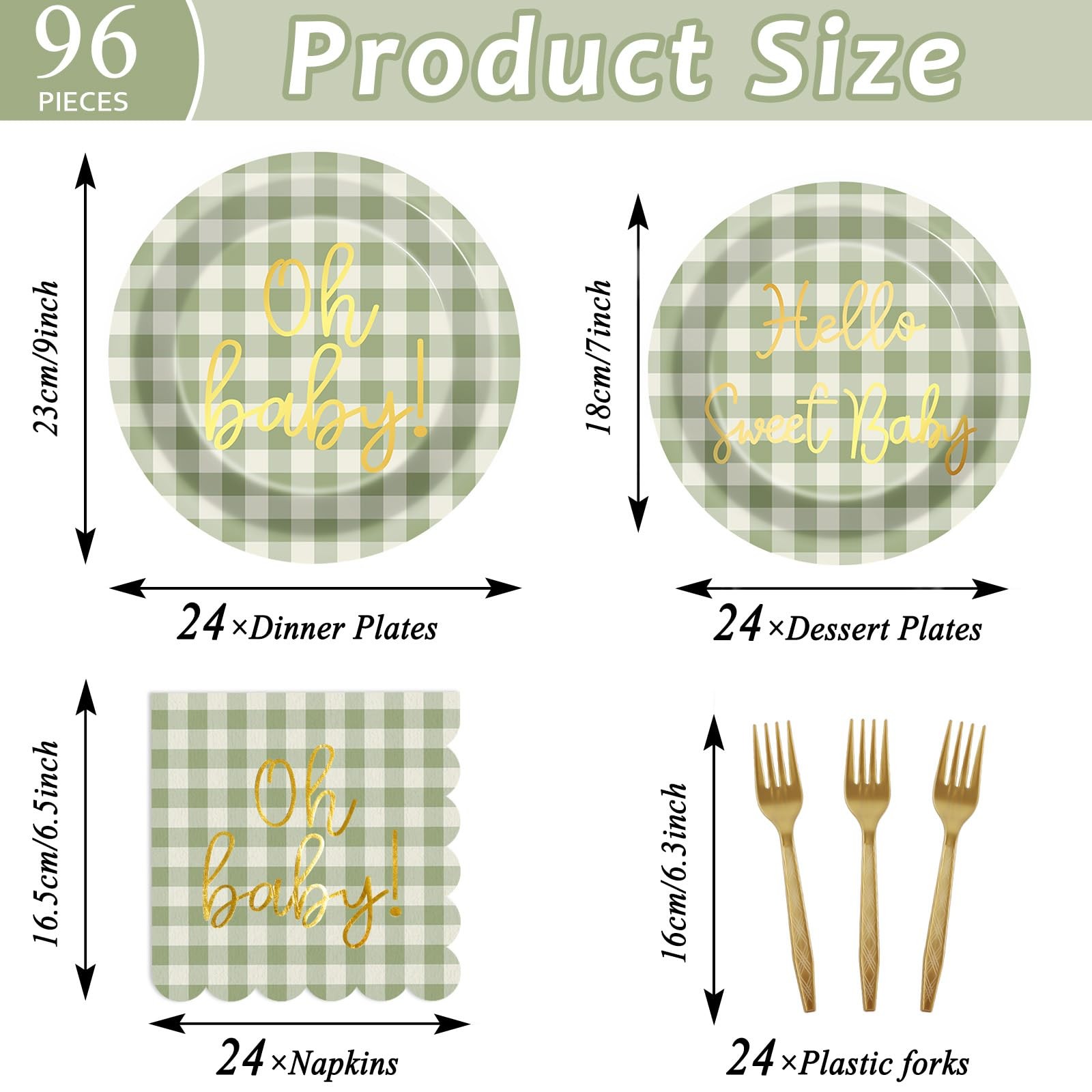96PCS Sage Green Baby Shower Decorations Gold Sage Green Checkered Plates Sca…