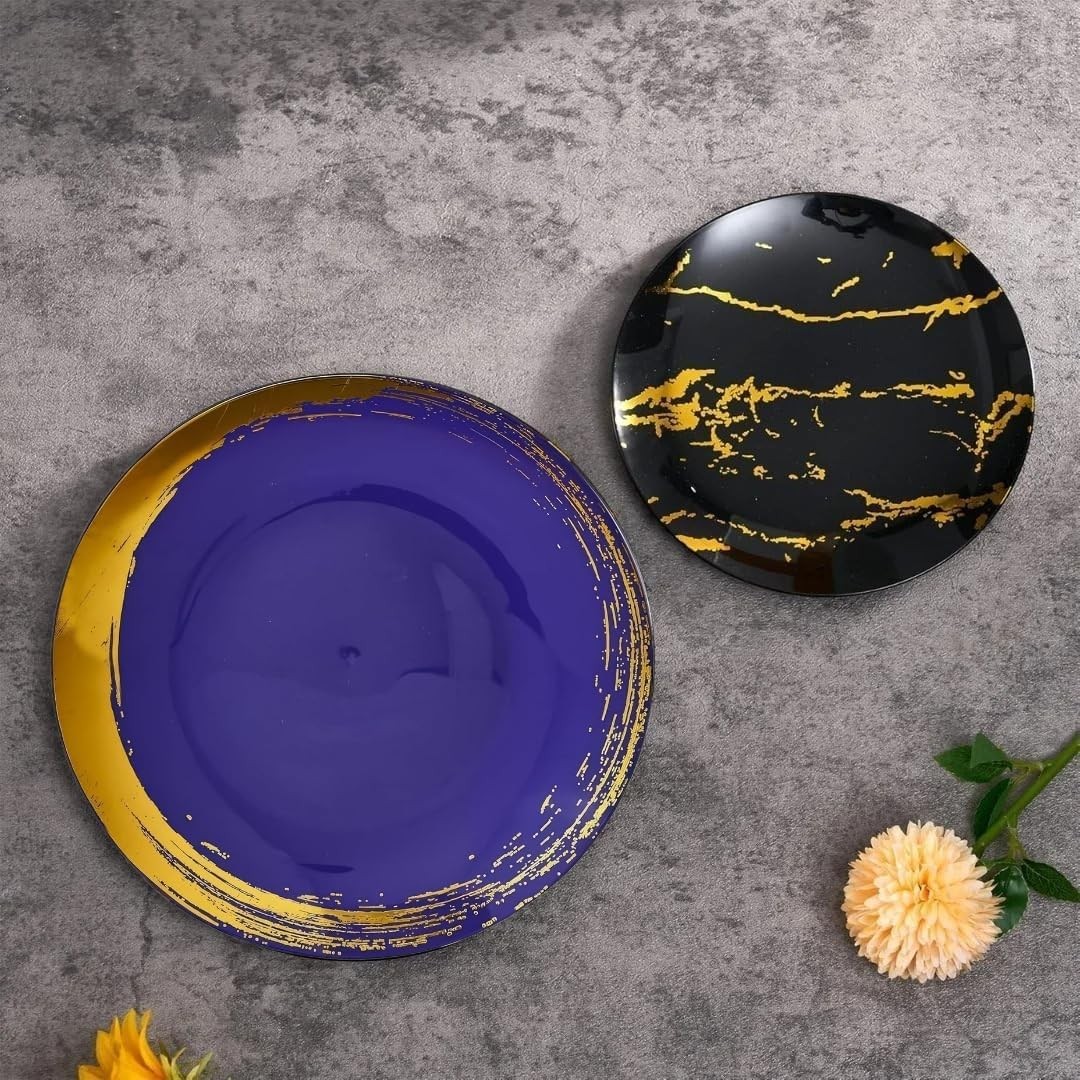 Elegant Blue Disposable Plastic Dinner Plates with Brushed Gold Rim – 10.25″