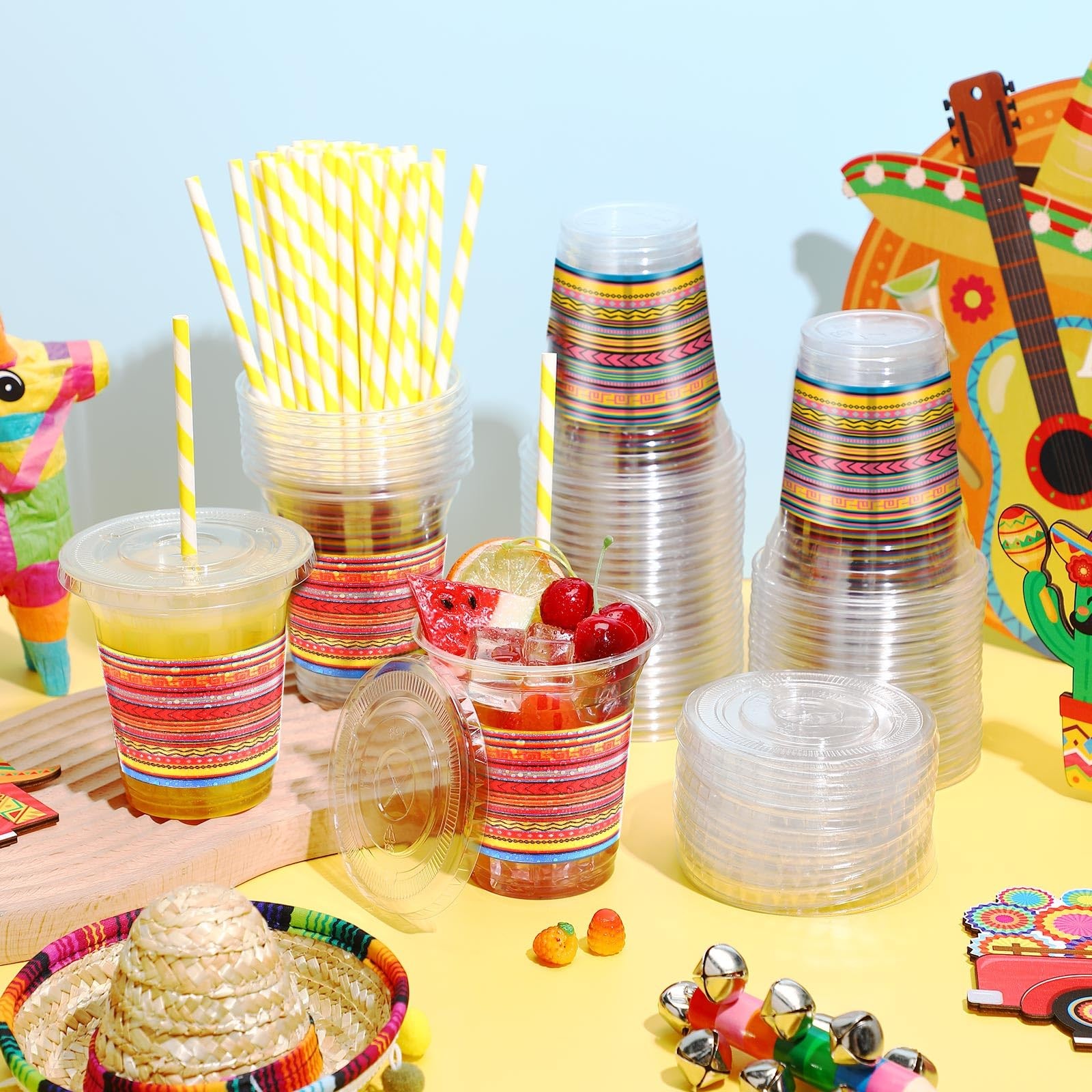 100 Pack 12 oz Fiesta Plastic Cups with Lids and Paper Straws Mexican Clear D…