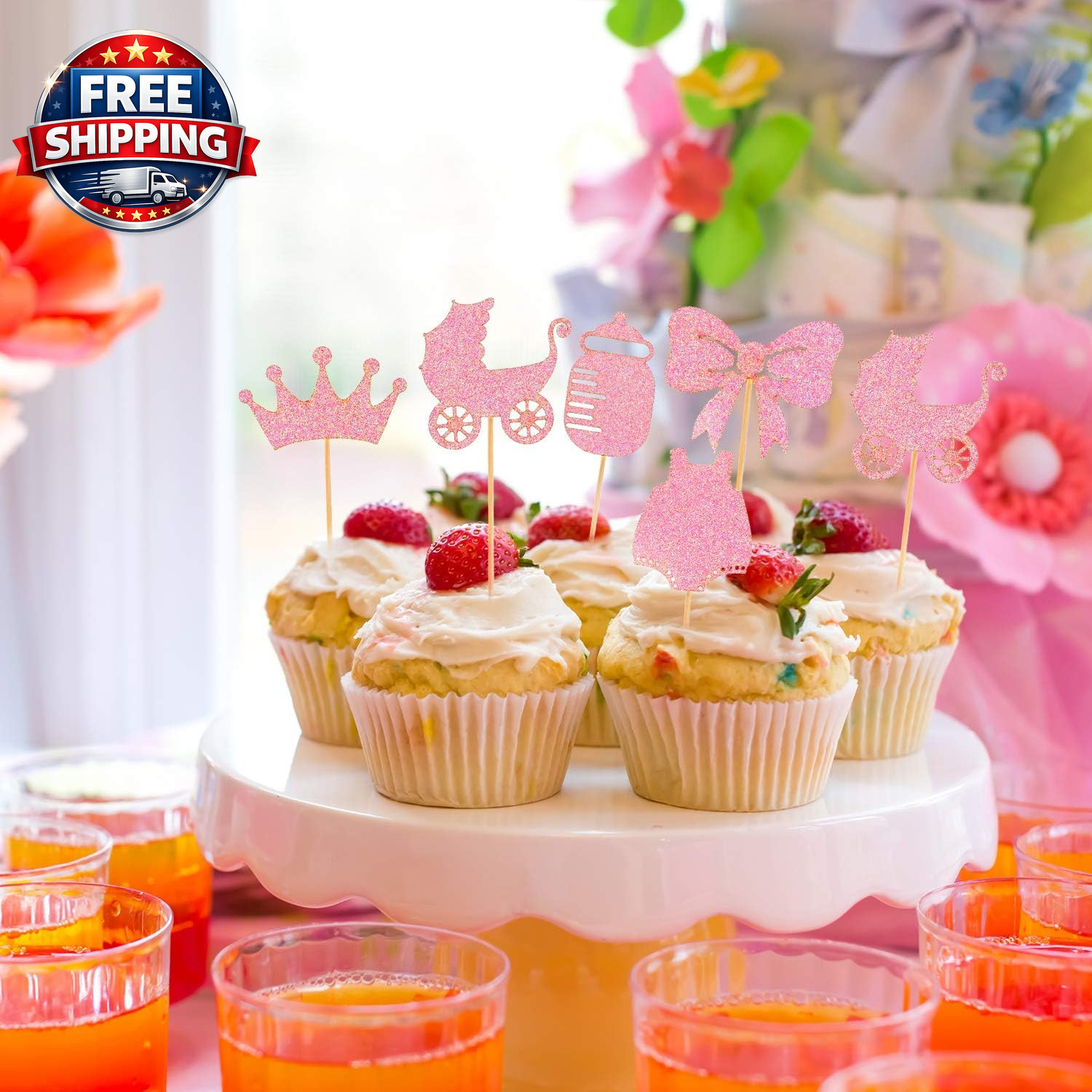 48 Pieces Baby Shower Cupcake Toppers for Girls Glitter Pink Baby Girl Food Pick