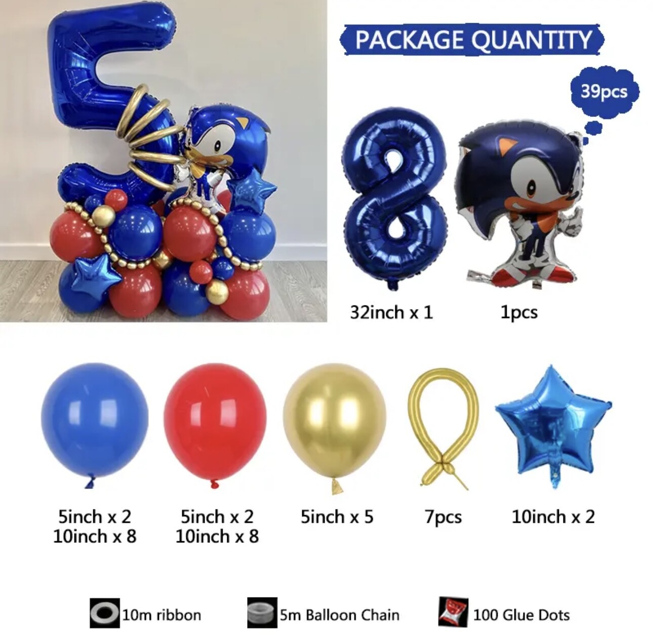 39pcs Sonic The Hedgehog Foil Number Balloons Birthday Decoration Boy Girl Sonic