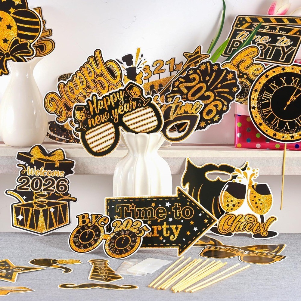 New Years Photo Booth Props 2026, Pack of 30 Black and Gold NYE Photo Props for