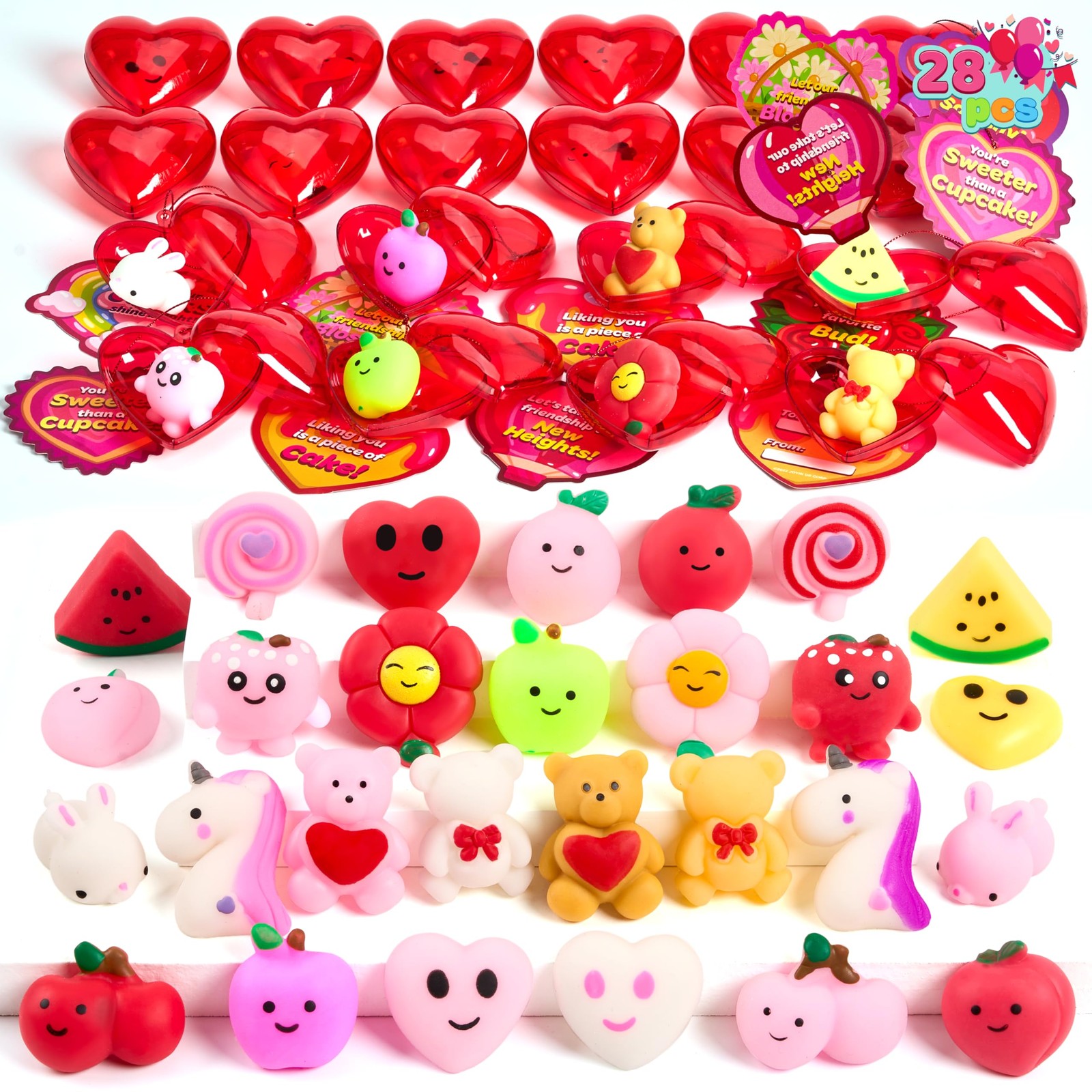 Joyin 28 Packs Valentines Day Heart Gift Cards Mochi Squishy Toys And Heart