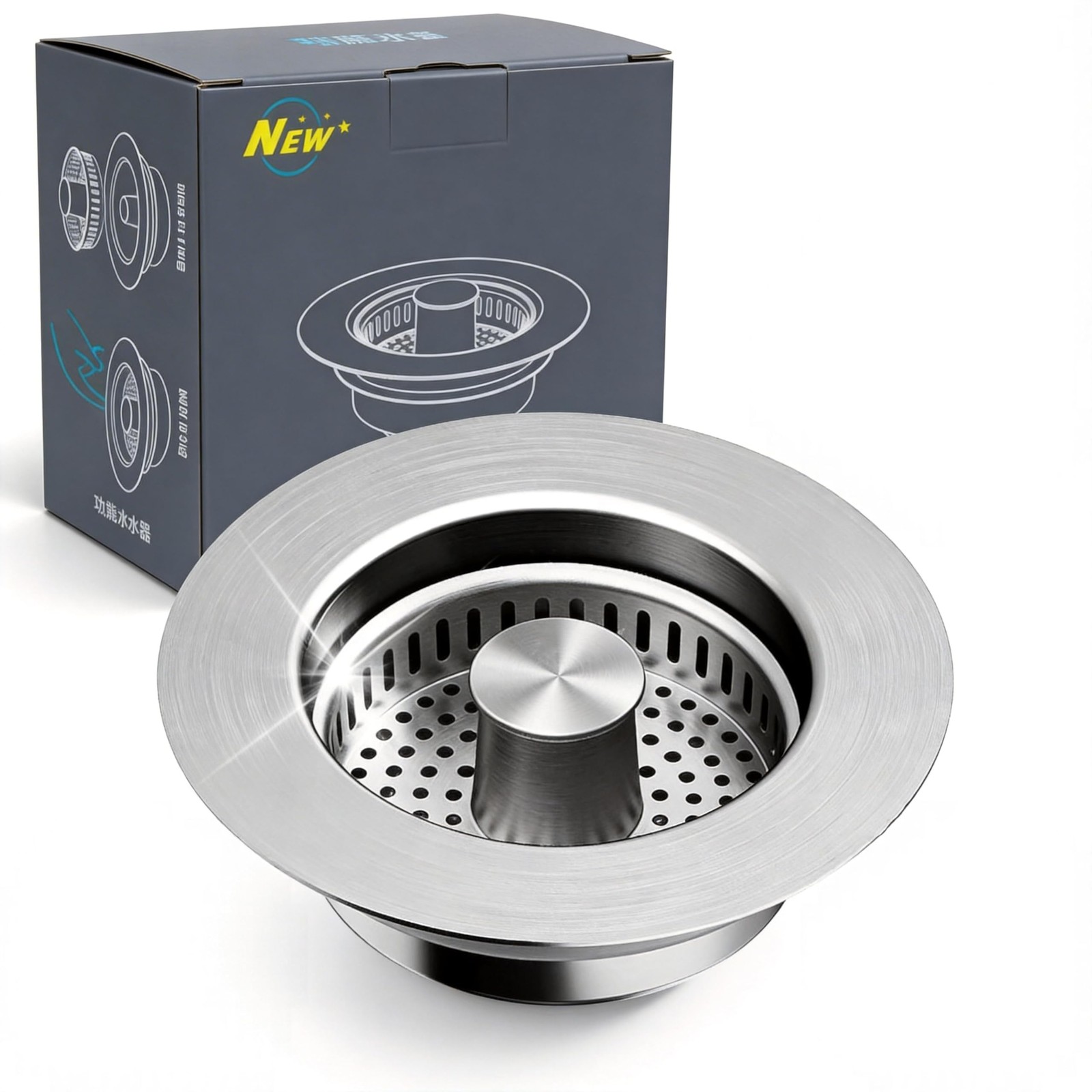 VANCOCO Kitchen Sink Drain Strainer 3-in-1 Pop Up Design, 304 Stainless Steel wi