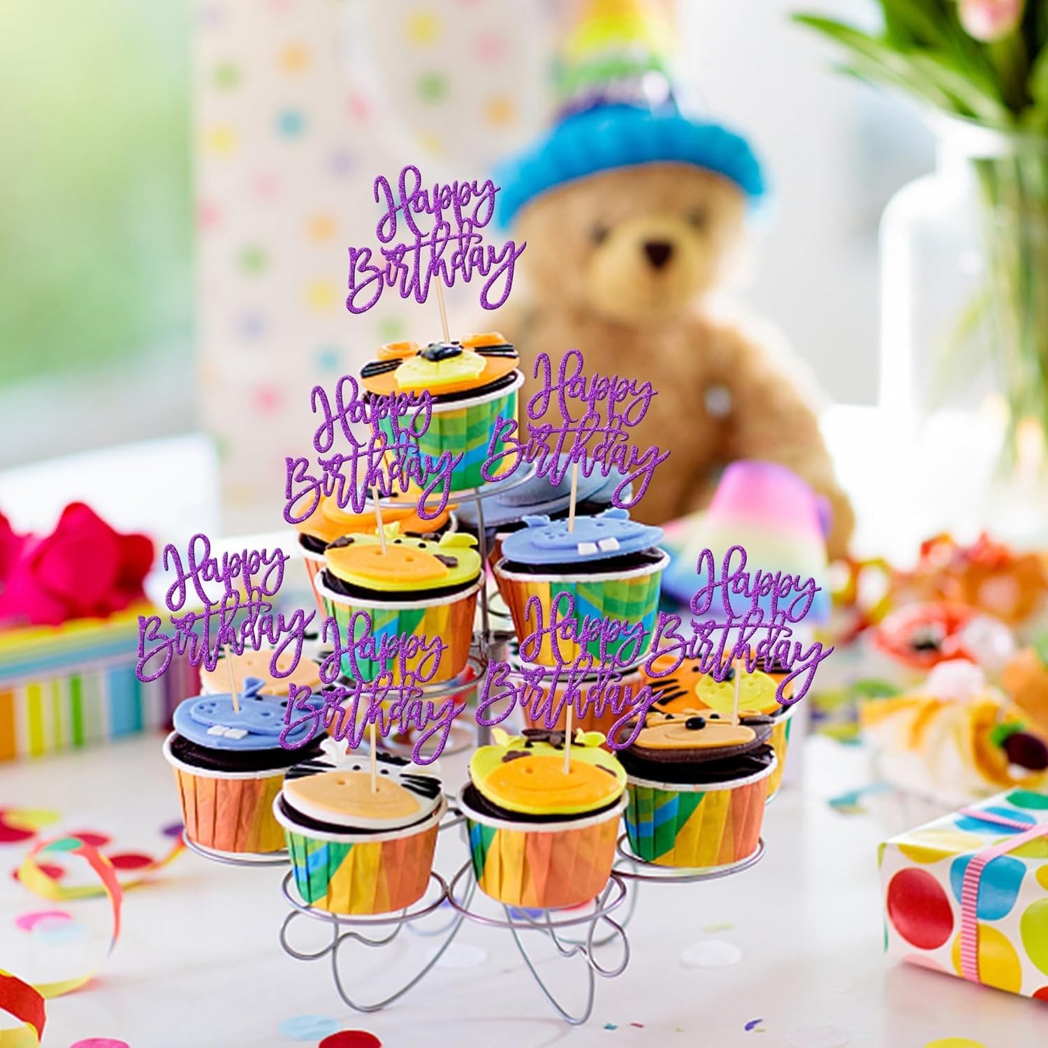 24 PCS Glitter Happy Birthday Cupcake Toppers – Purple Cupcake Picks for Cele…