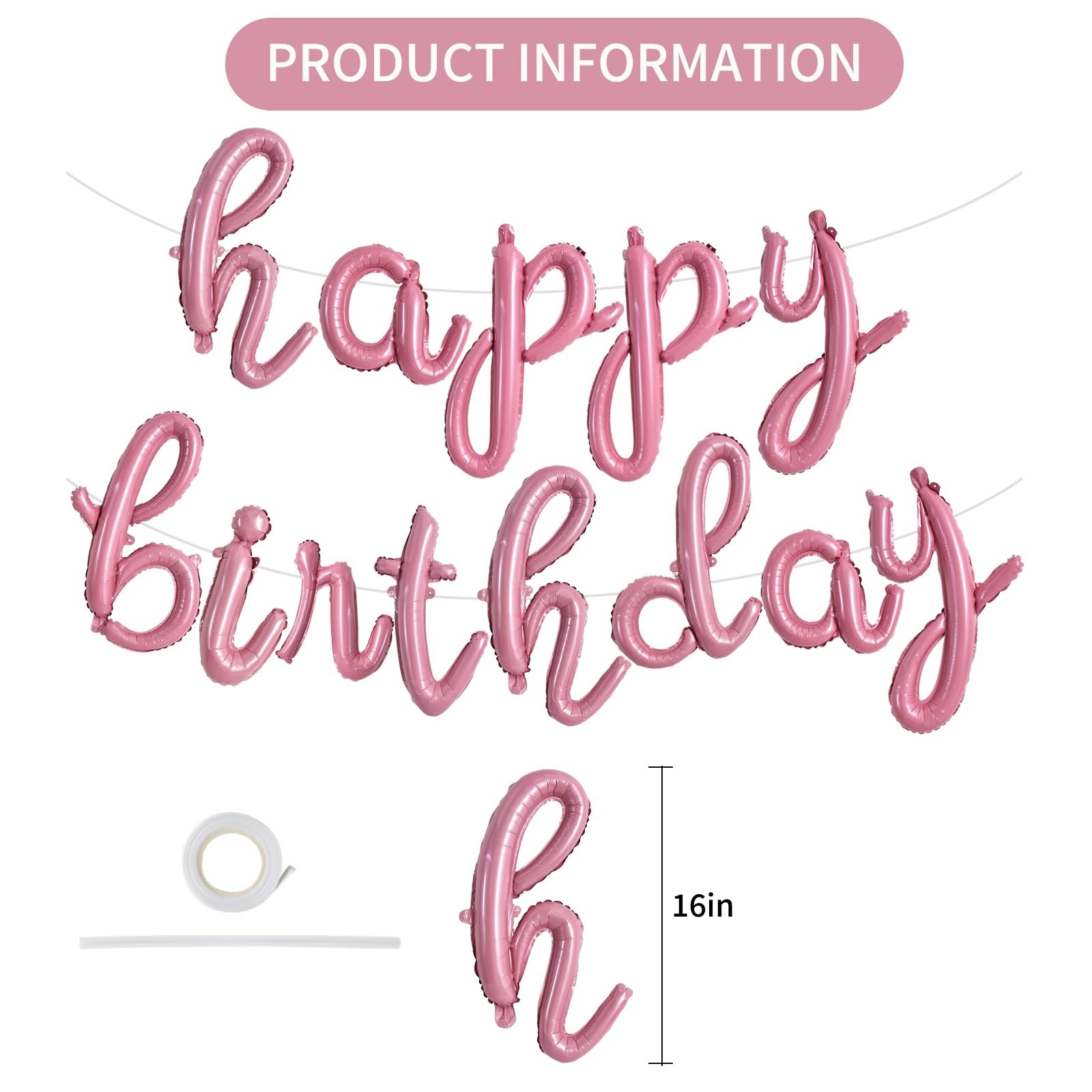 TONIFUL Light Pink Happy Birthday Balloons Banner,Cursive Happy Birthday Ball…