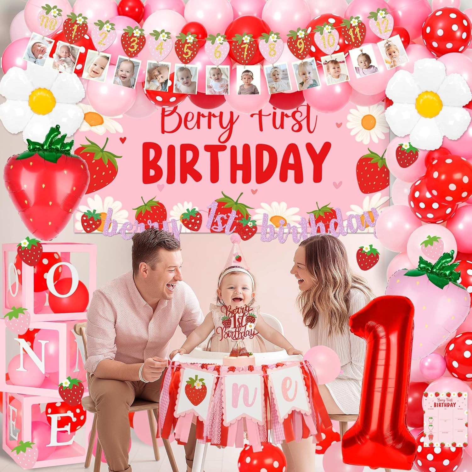 Berry 1st Birthday Decor Set: Strawberry Theme with Balloon Arch & Backdrop