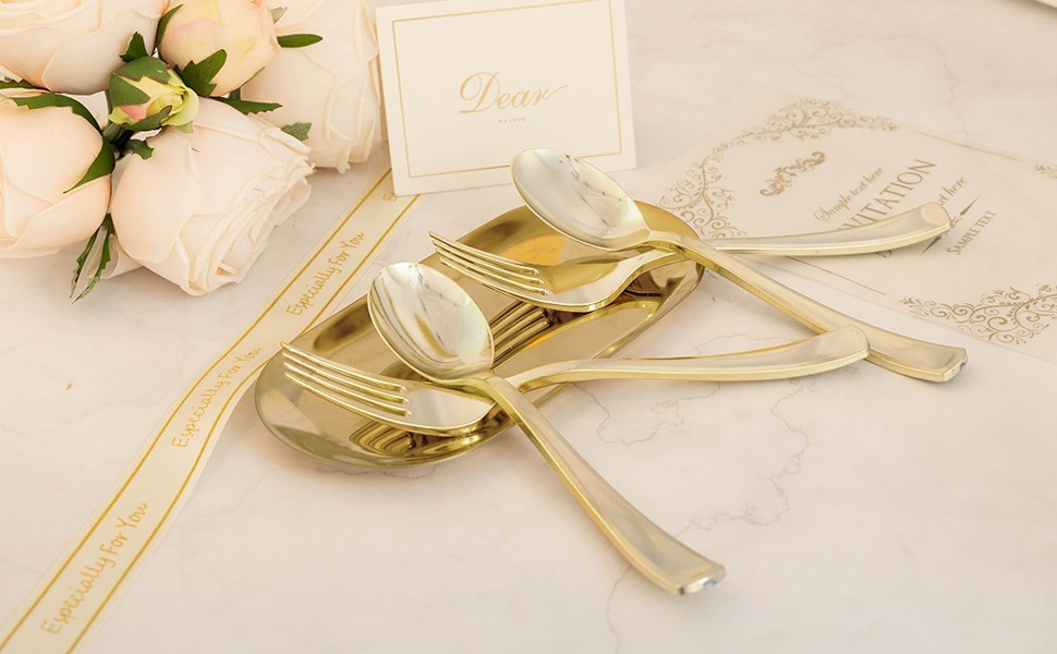 100PCS Heavy Duty Gold Plastic Cutlery Set – 50 Spoons & 50 Forks for Parties, W