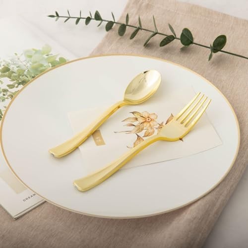 100PCS Heavy Duty Gold Plastic Cutlery Set – 50 Spoons & 50 Forks for Parties, W