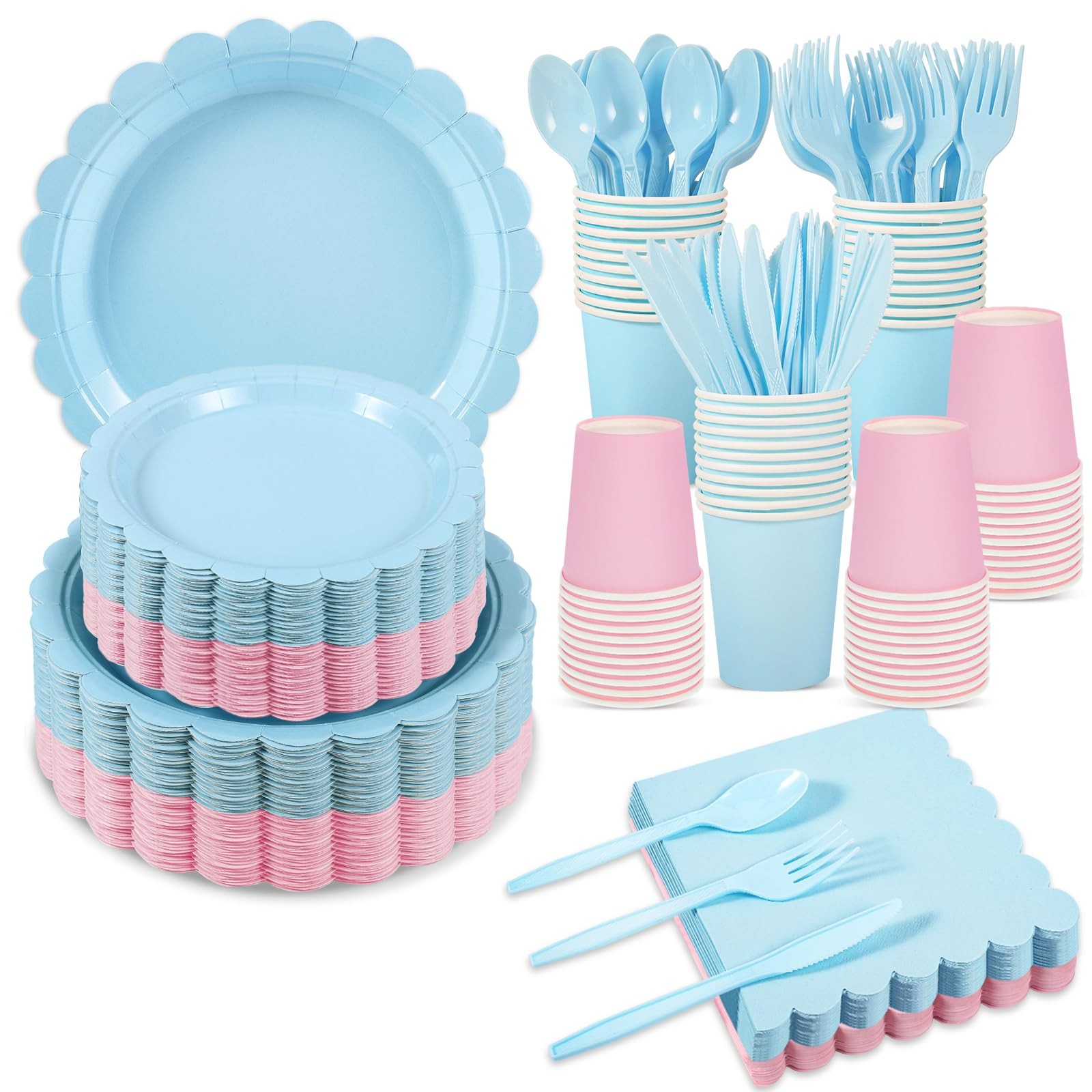 350 PCS Baby Gender Reveal Plates Napkins Party Supplies Light Pink Blue Set