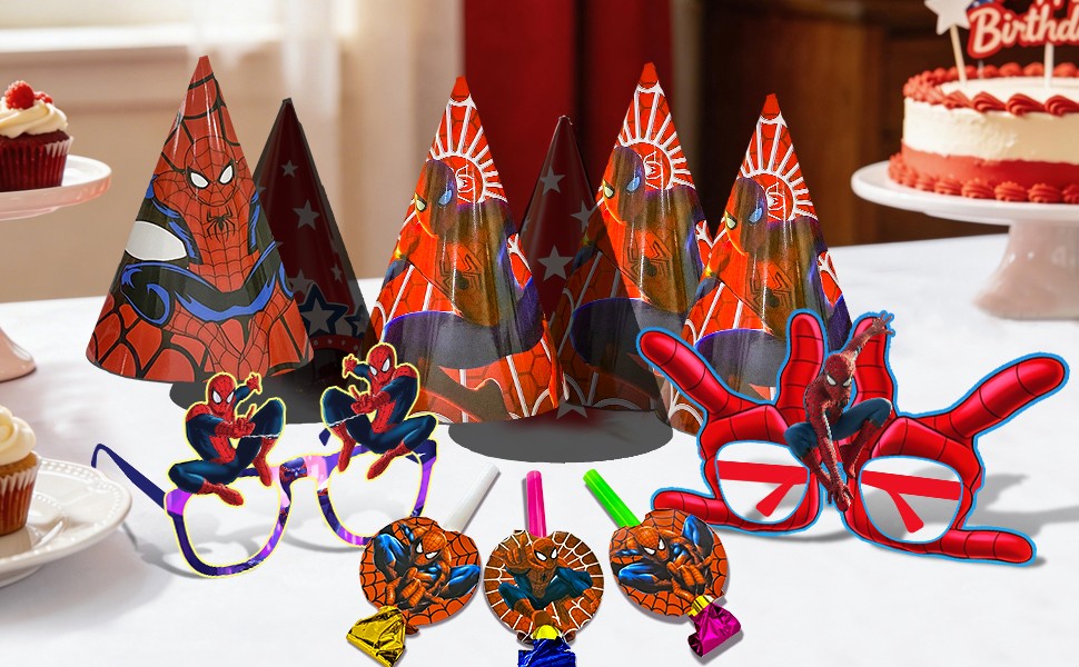36 Pcs Spider Man Party Favors Marvel Birthday Cake Hat Blowout Photo Booth Prop
