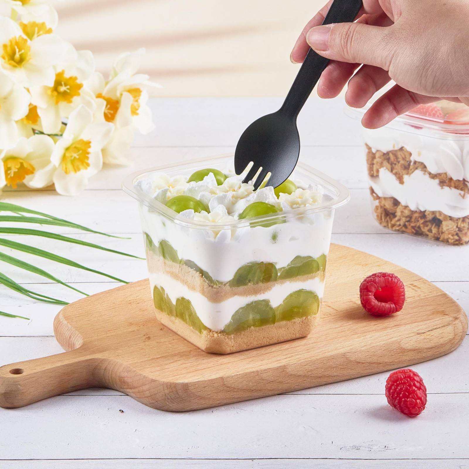 50 PCS 8 oz Clear Square Plastic Dessert Cups With Lids Sporks Containers