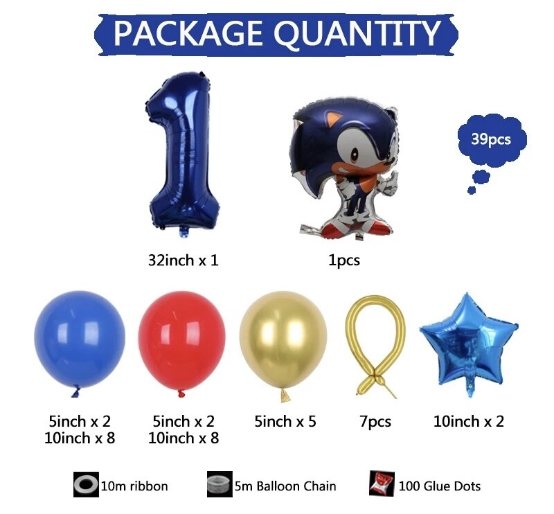 39pcs Sonic The Hedgehog Foil Number Balloons Birthday Decoration Boy Girl Sonic