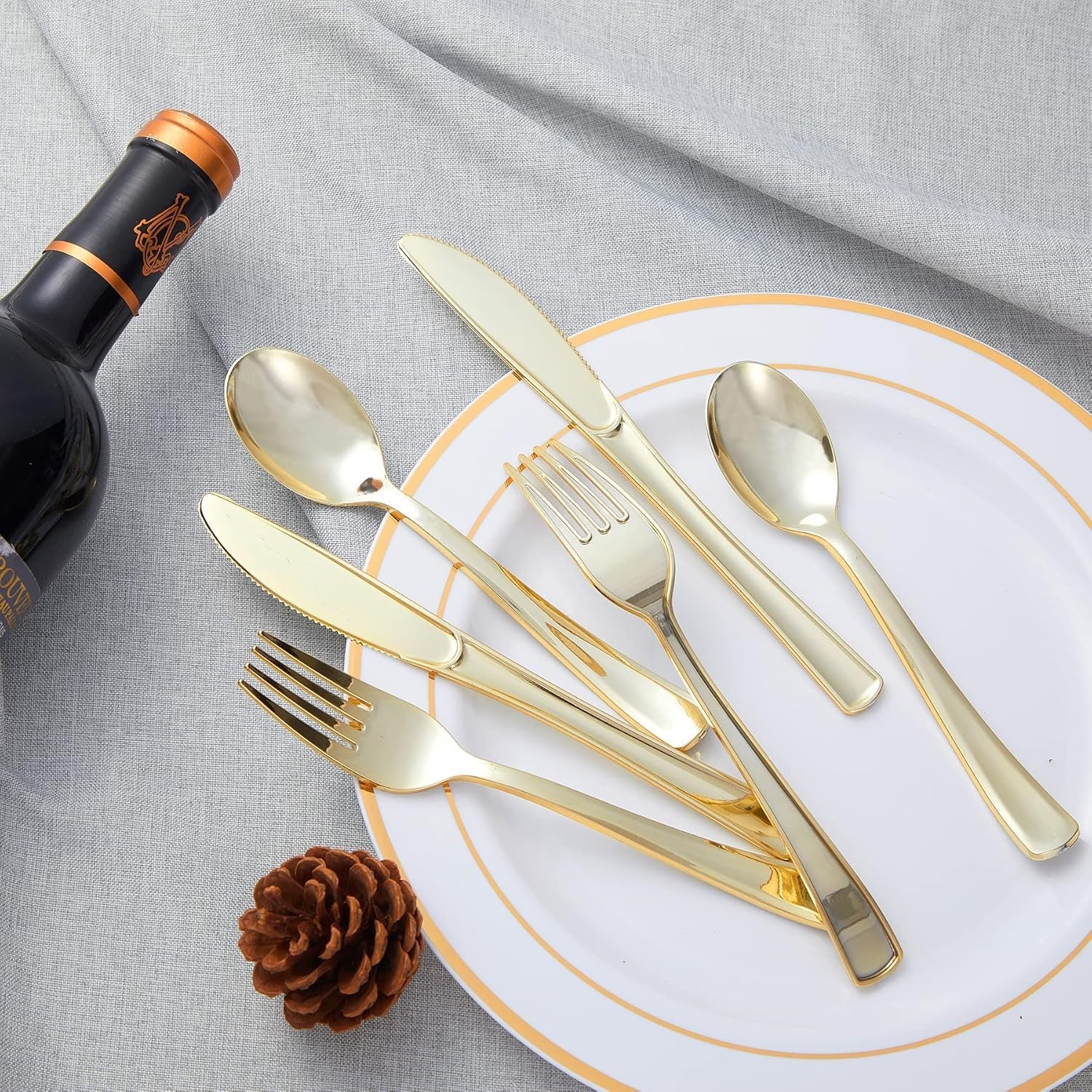300PCS Gold Plastic Silverware, Heavy Duty Gold Plastic Cutlery Set Disposabl…