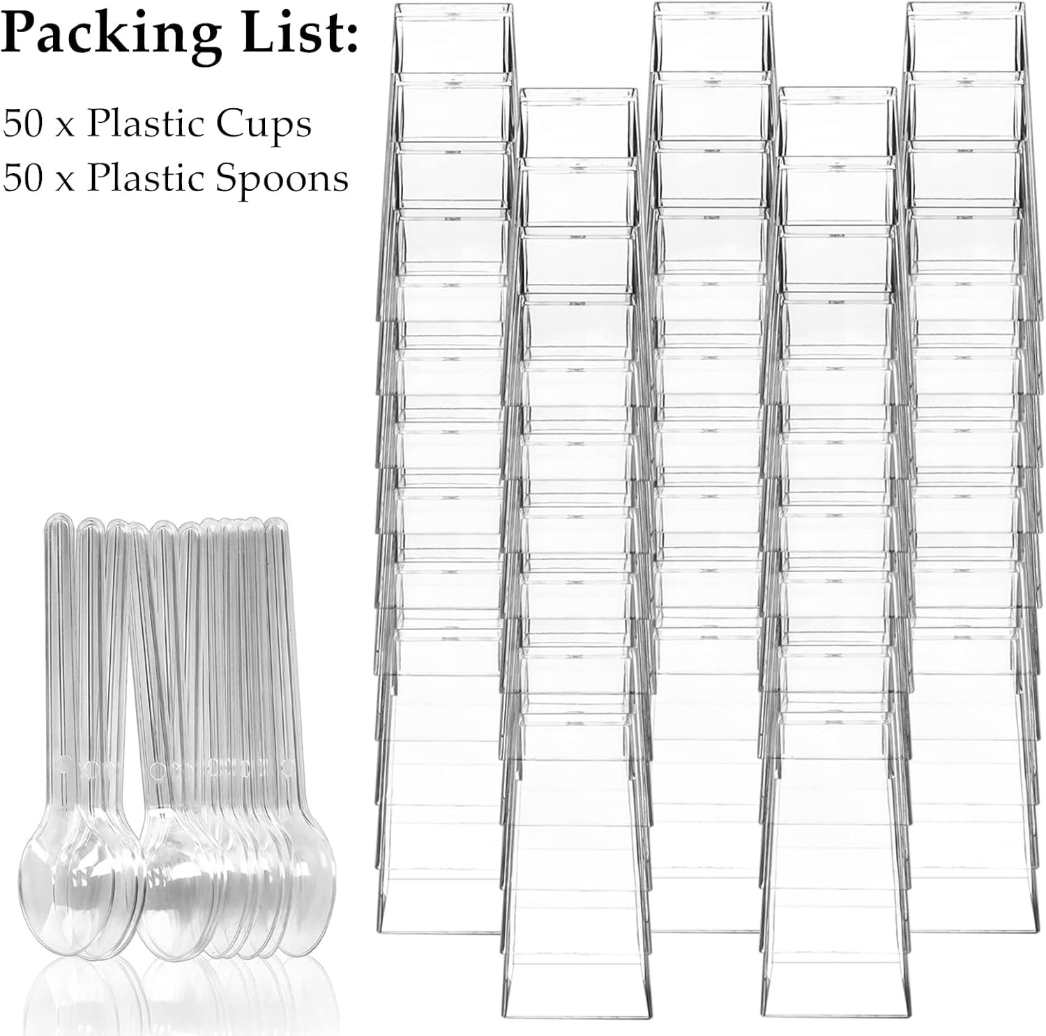50 Pack 3 Oz Square Mini Dessert Cups with Spoons Clear Plastic Dessert Shooter