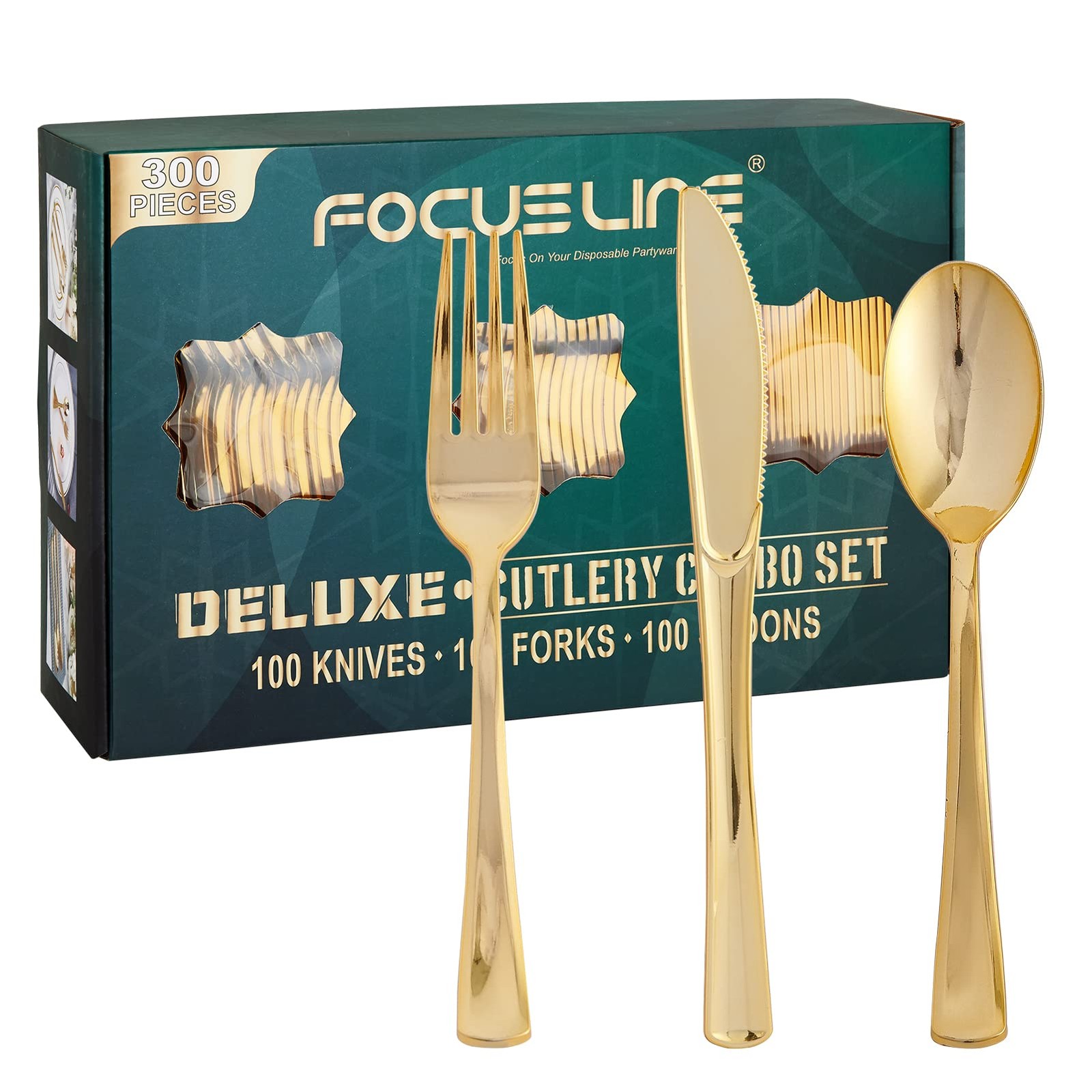 300 Count Gold Plastic Silverware Set – 100 Forks, 100 Knives, 100 Spoons – H…