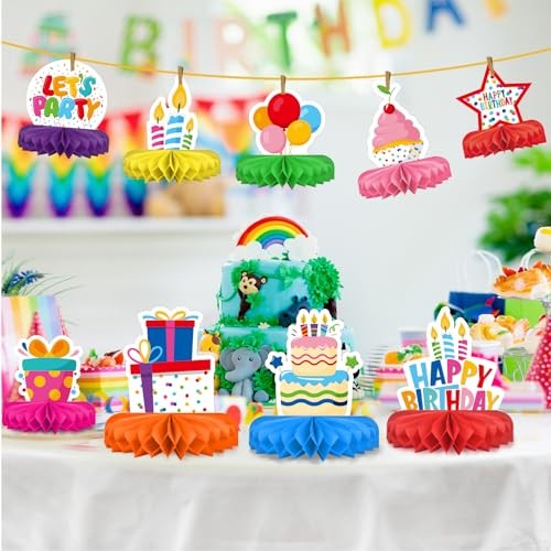 Happy Birthday Decorations Set – Colorful Themed Honeycomb Centerpiece, Table