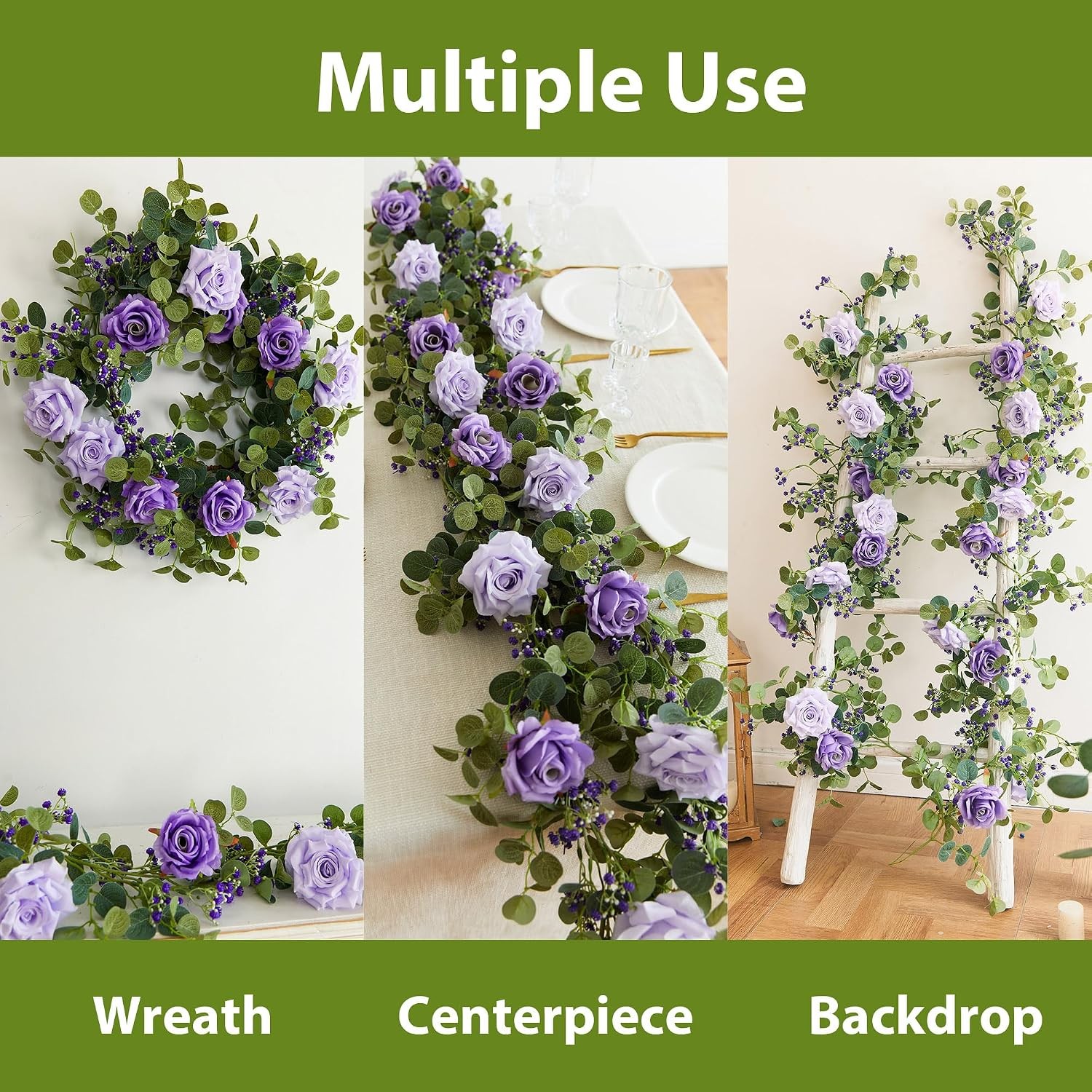 5.91FT Artificial Eucalyptus Garland with Flowers, Fake Rose Gypsophila Garland,