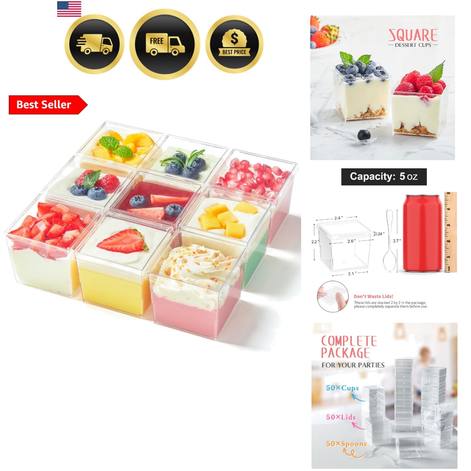 5 oz Square Dessert Cups with Lids and Spoons, 50 Pack Mini Plastic Parfait C…
