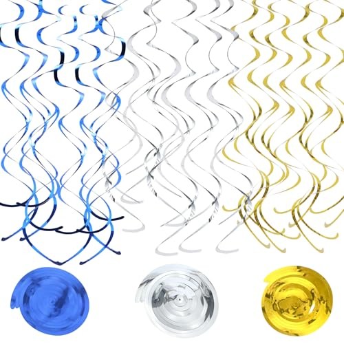 36Pcs Hanging Swirl Party Decorations Foil Decorations Ceiling Blue Gold Silver