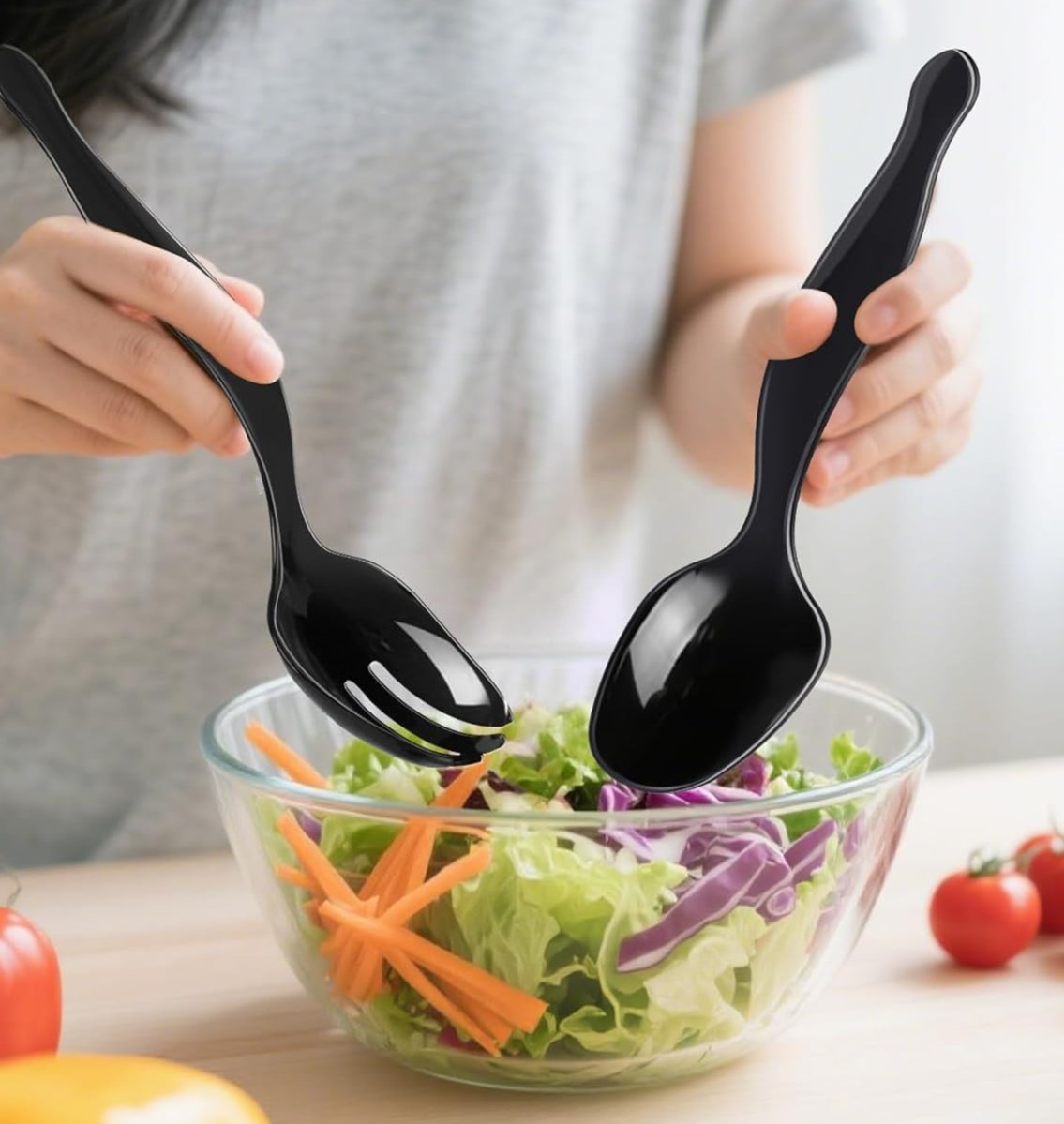 15 Pcs Disposable Black Plastic Serving Utensils, 5 Spoons, 5 Forks, and 5 Tongs