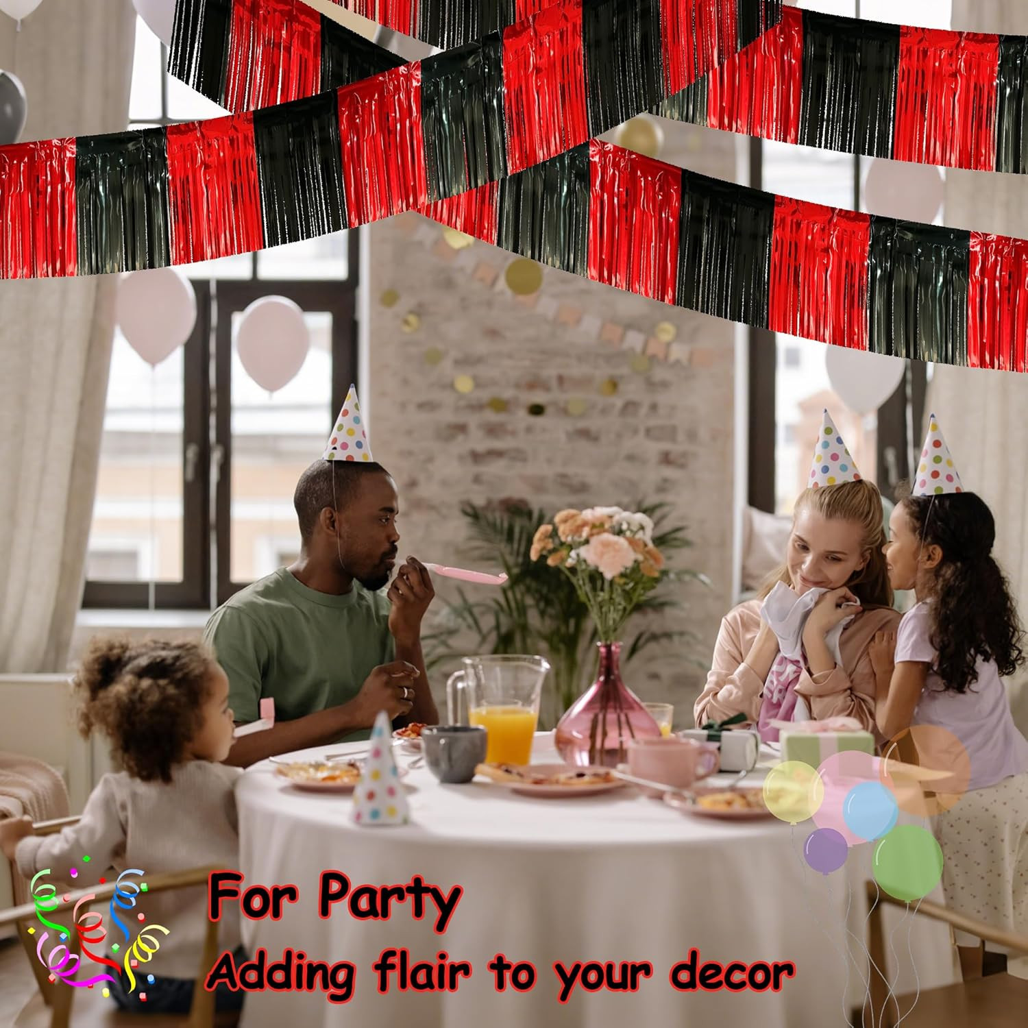 4 Pack 10 Feet Black Red Parade Floats Foil Fringe Garland Metallic Tinsel Strea