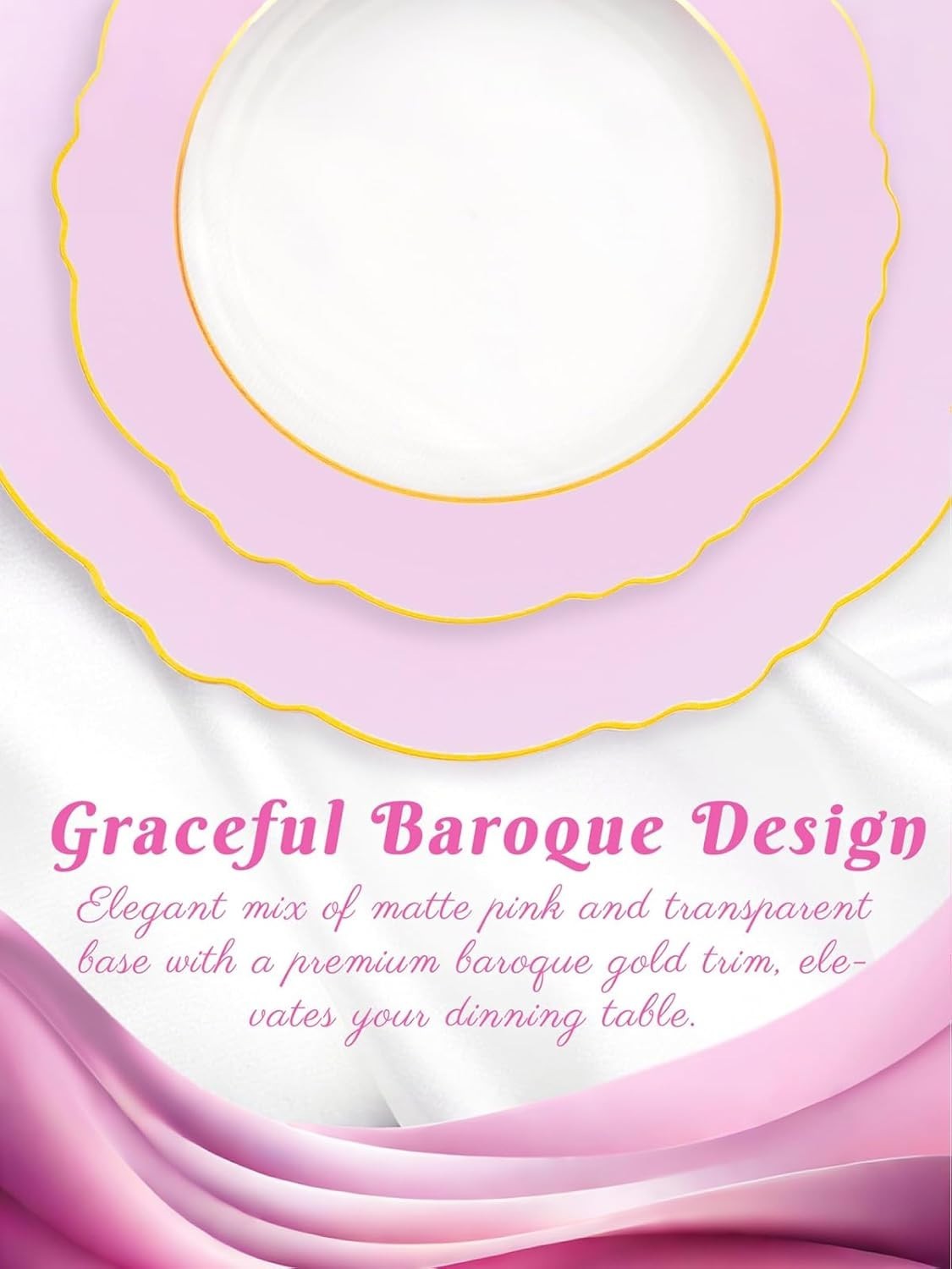 60Pcs Pink Plates Disposable with Gold Rim – Baroque Clear Pink and Gold Plas…