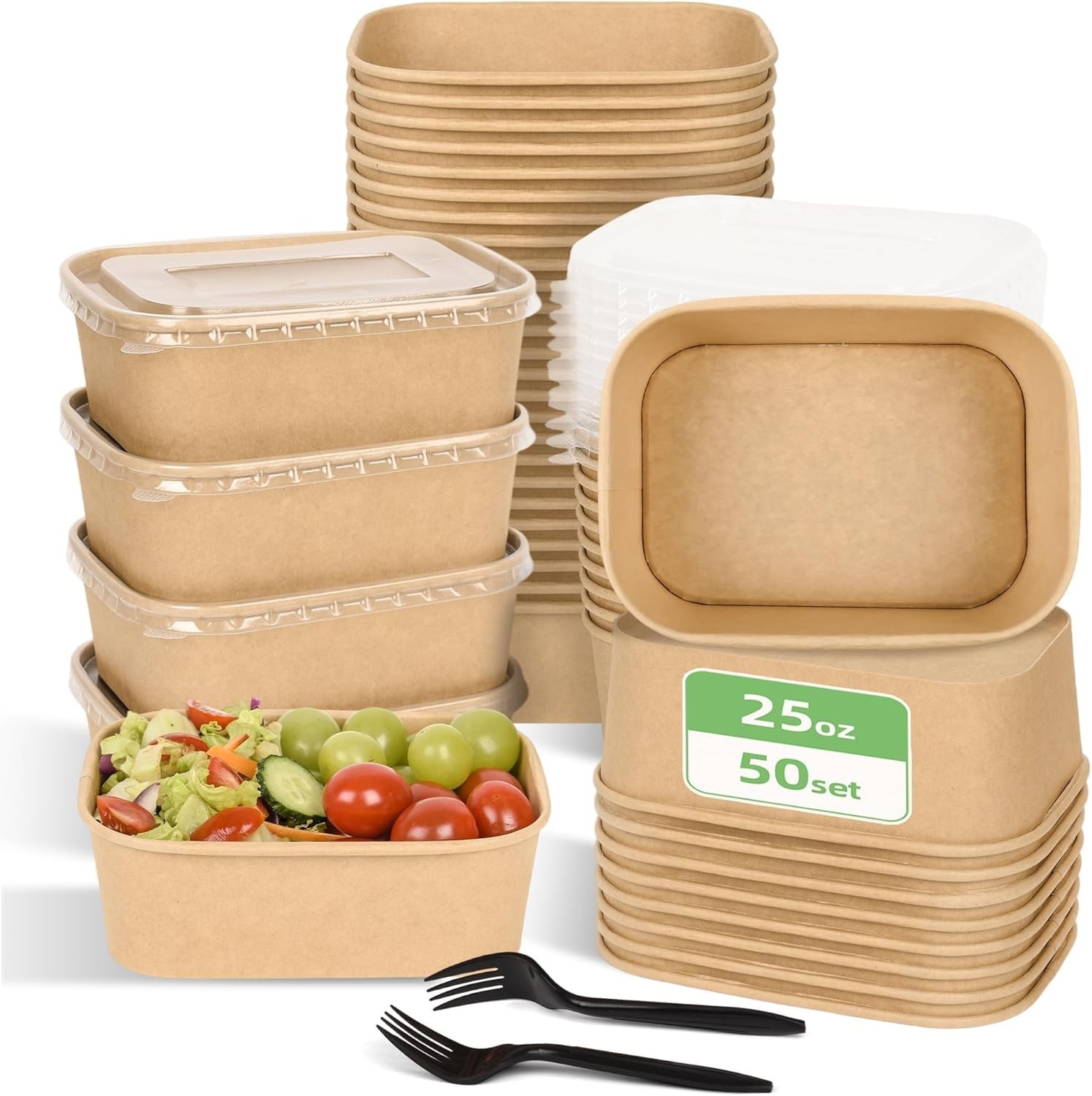 50 Pack Disposable Meal Prep Containers, 25oz Disposable Large Paper Bowls with