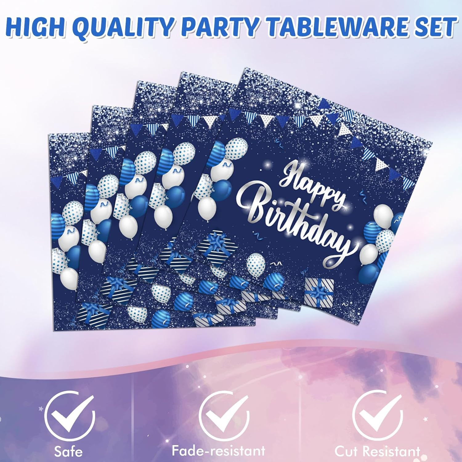 Navy Blue and Sliver Birthday Decorations Happy Birthday Party Tableware Set Hap