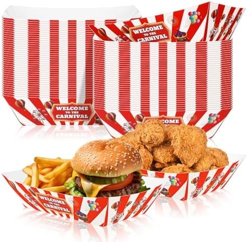 Tenceur 50 Pcs Carnival Paper Food Trays 2lb Carnival Decorations Red and White