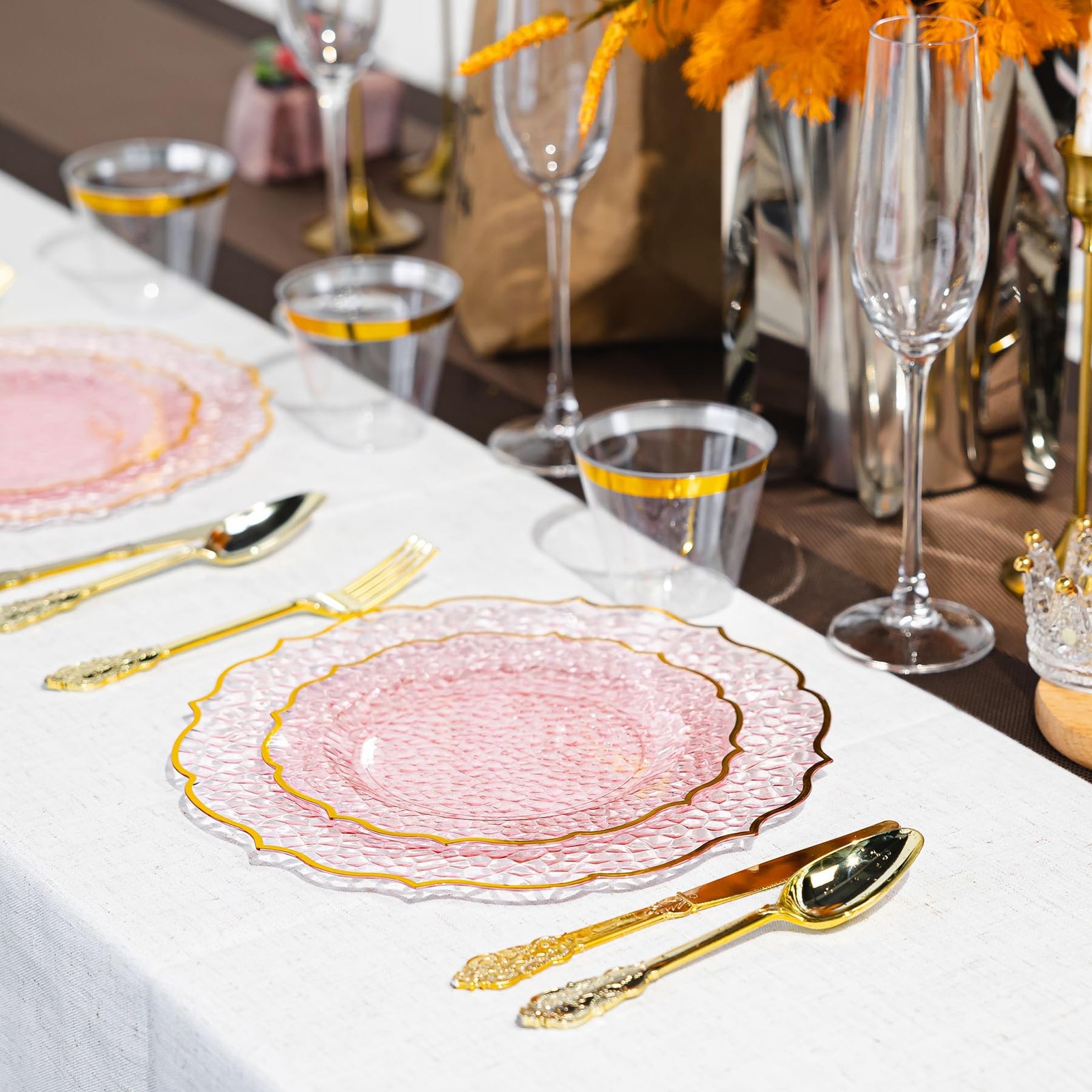 N9R 120 Clear and Pink Plastic Plates with Gold Rim, Stone Texture, Include 1…