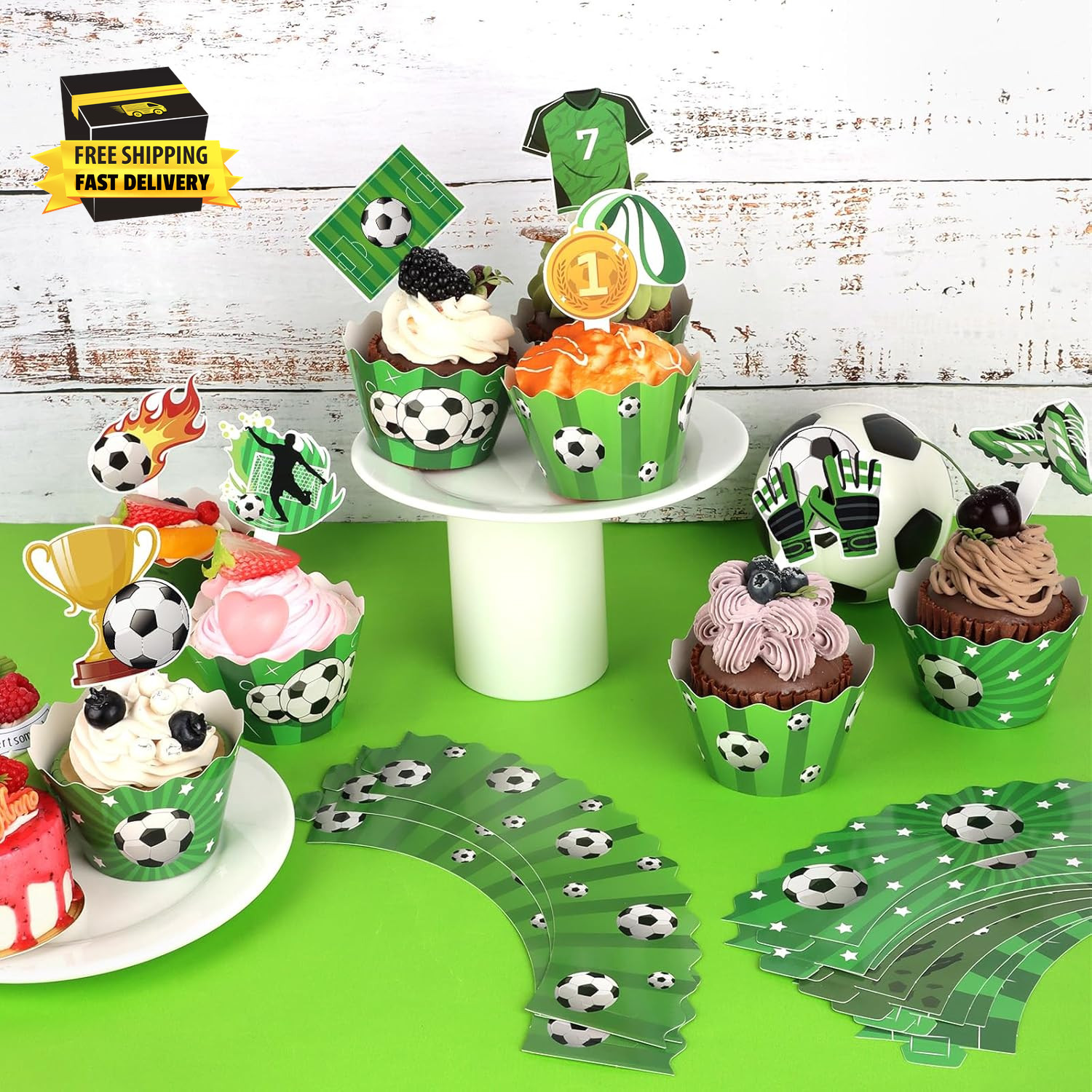 48 Pack Soccer Cupcake Toppers and Wrappers, Soccer Ball Party Cake Decoration f