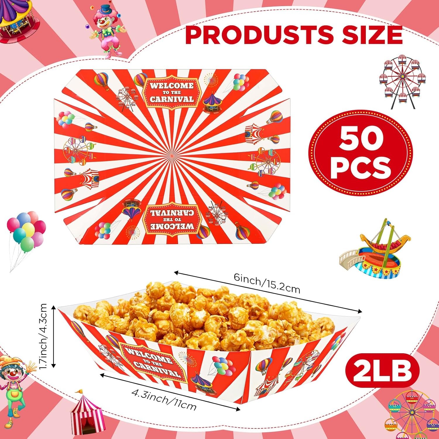 Tenceur 50 Pcs Carnival Paper Food Trays 2lb Carnival Decorations Red and White
