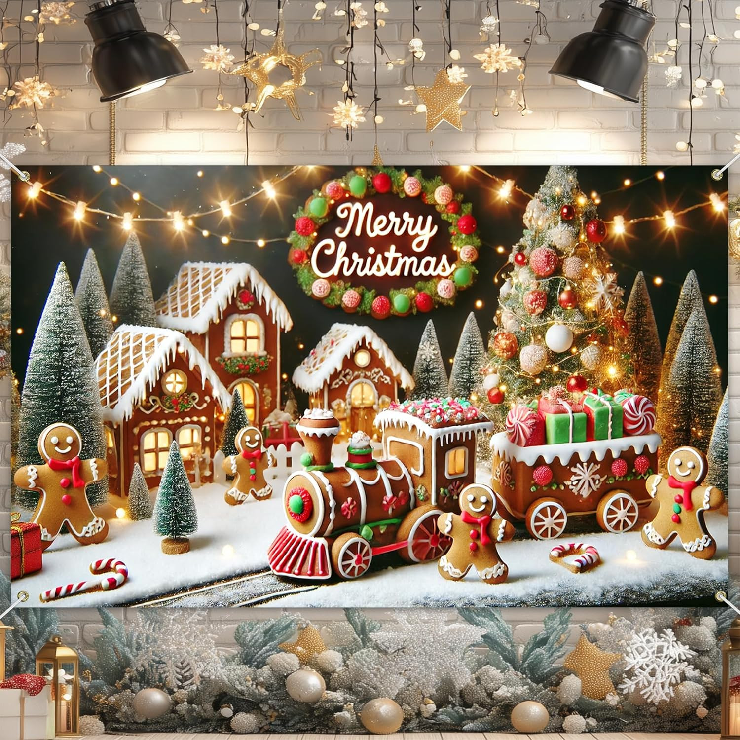 Merry Christmas Gingerbread House Train Banner 71X43 Inch Gingerbread Men Backdr