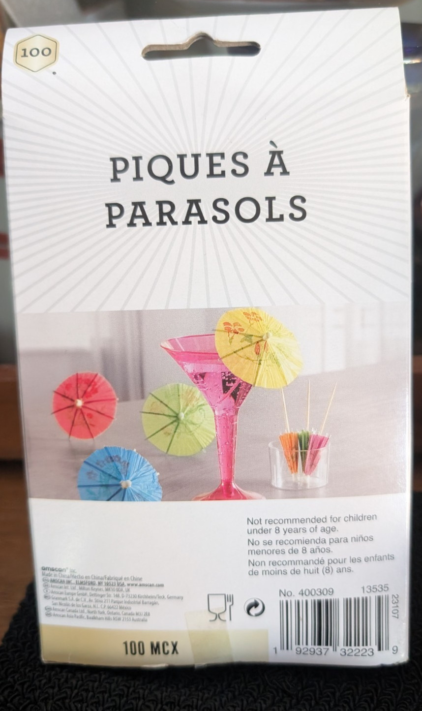 Parasol Picks For Drinks/ Coctails,100 PCS In A Pack, Multi Color, One Box.