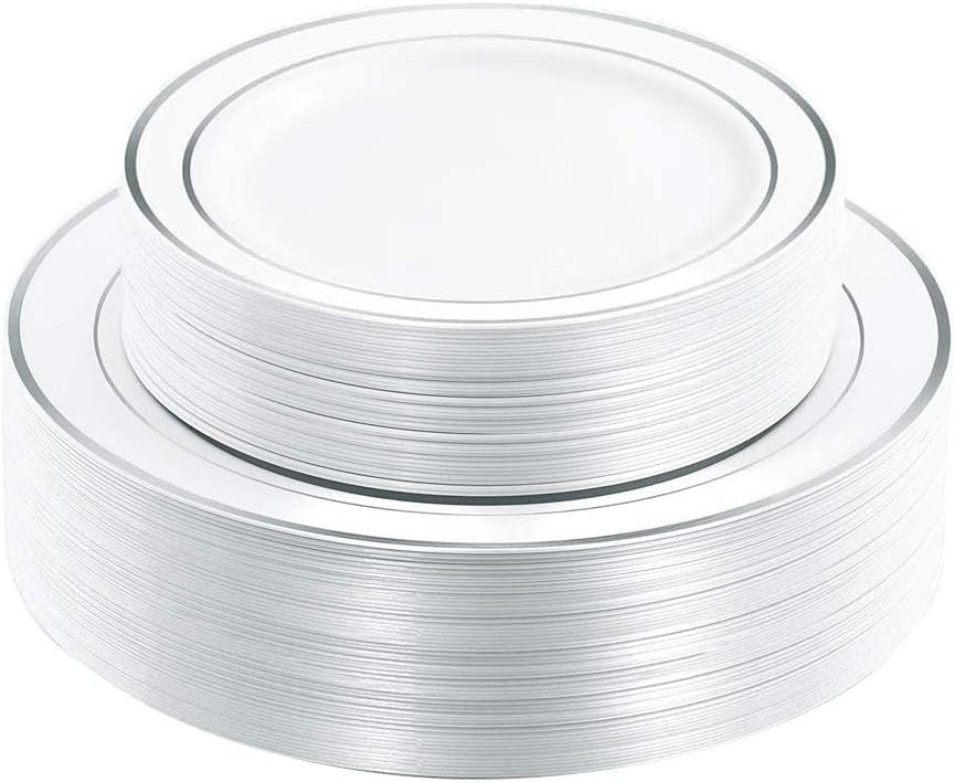 60pcs Silver Plastic Plates Disposable Plastic Party Plates With White Silver Ri