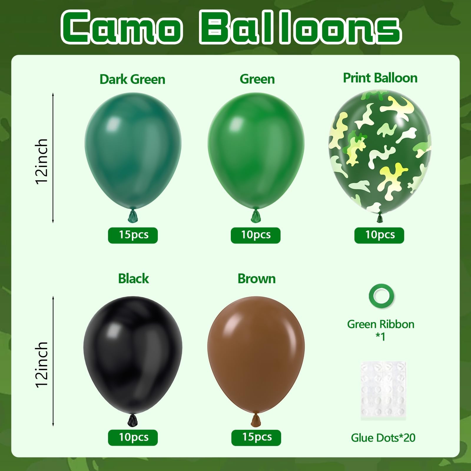 60pcs 12inch Camo Balloons, Green and Brown balloons with Dark Green Black Ba…