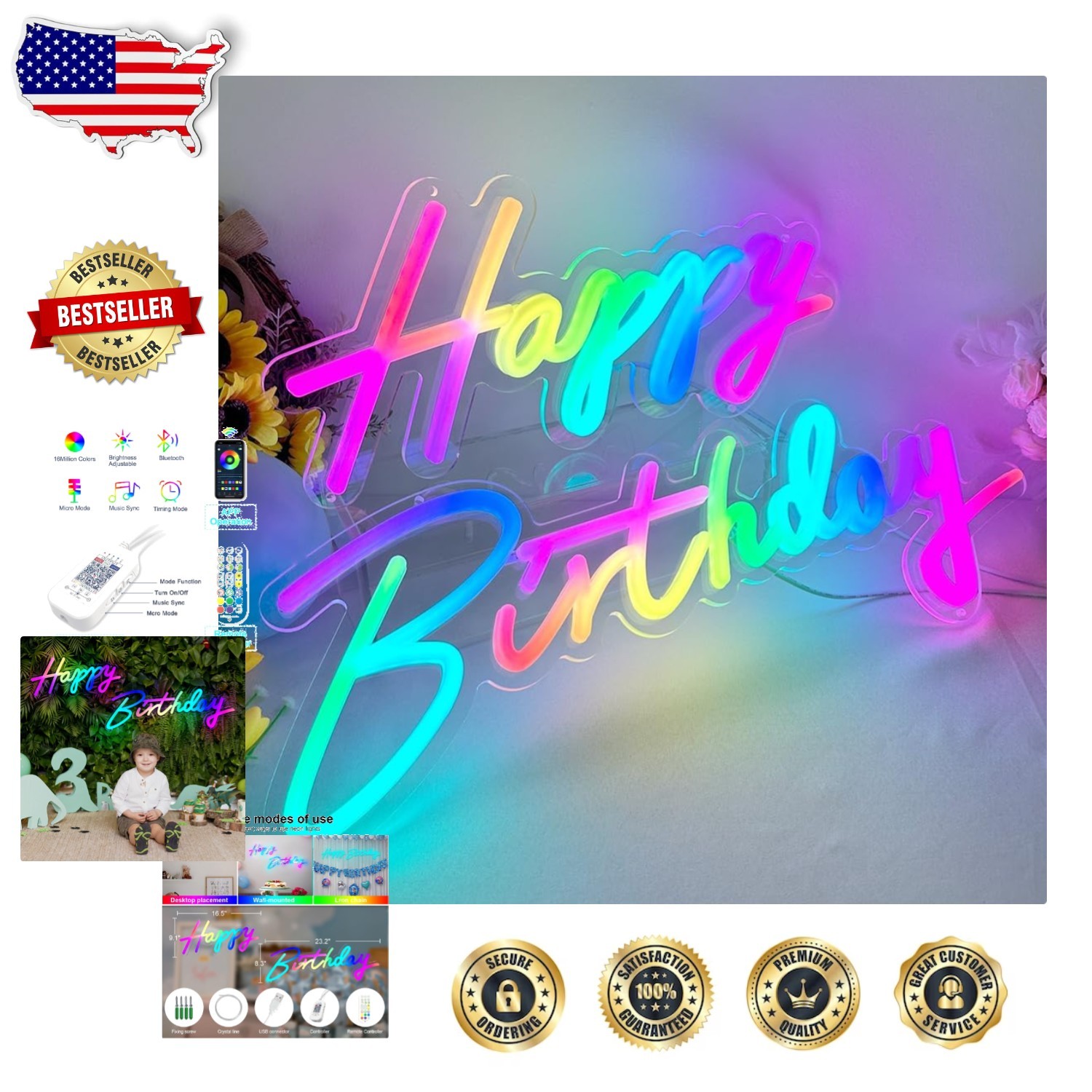 Extra Large 43″ Multi Color Happy Birthday Neon Sign – App/Remote Control, RG…