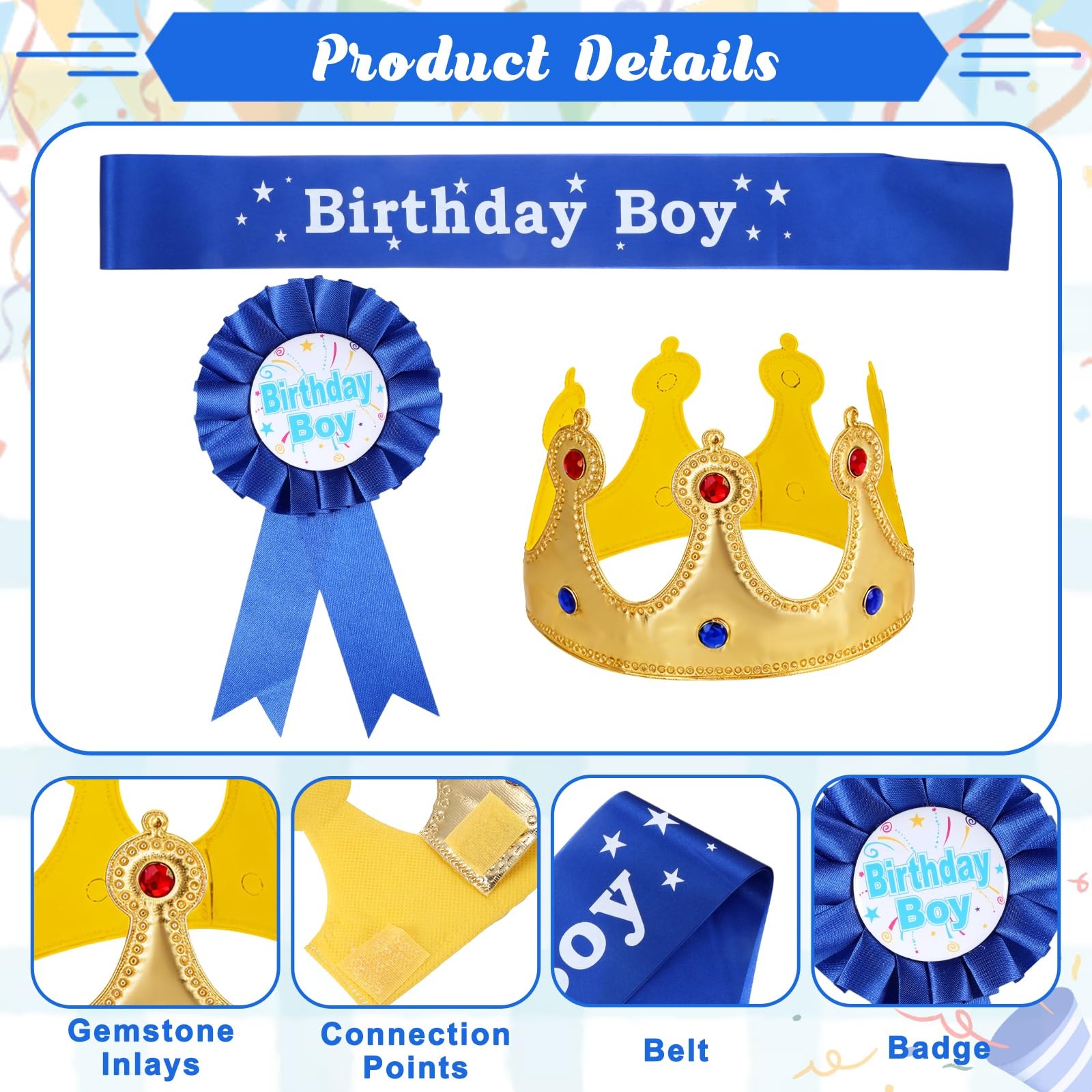 Aysatogc Birthday Crown Party Set, Boy Sash Hat Standard, Blue