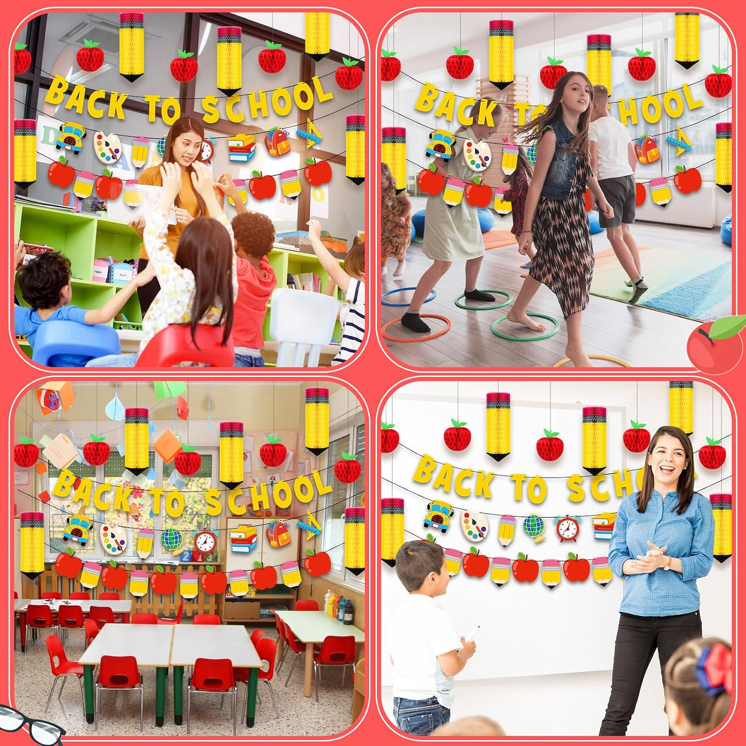 43 Pcs Back to School Decorations Pencil Apple Hanging Honeycomb Centerpiece Dec