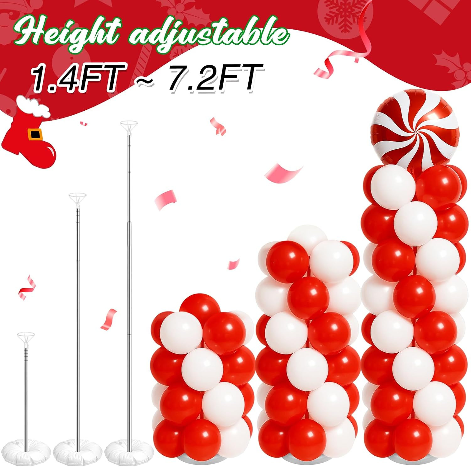 Kinlop 2 Sets Christmas Balloon Column Stand Kit with Candy and Candy Cane Foil