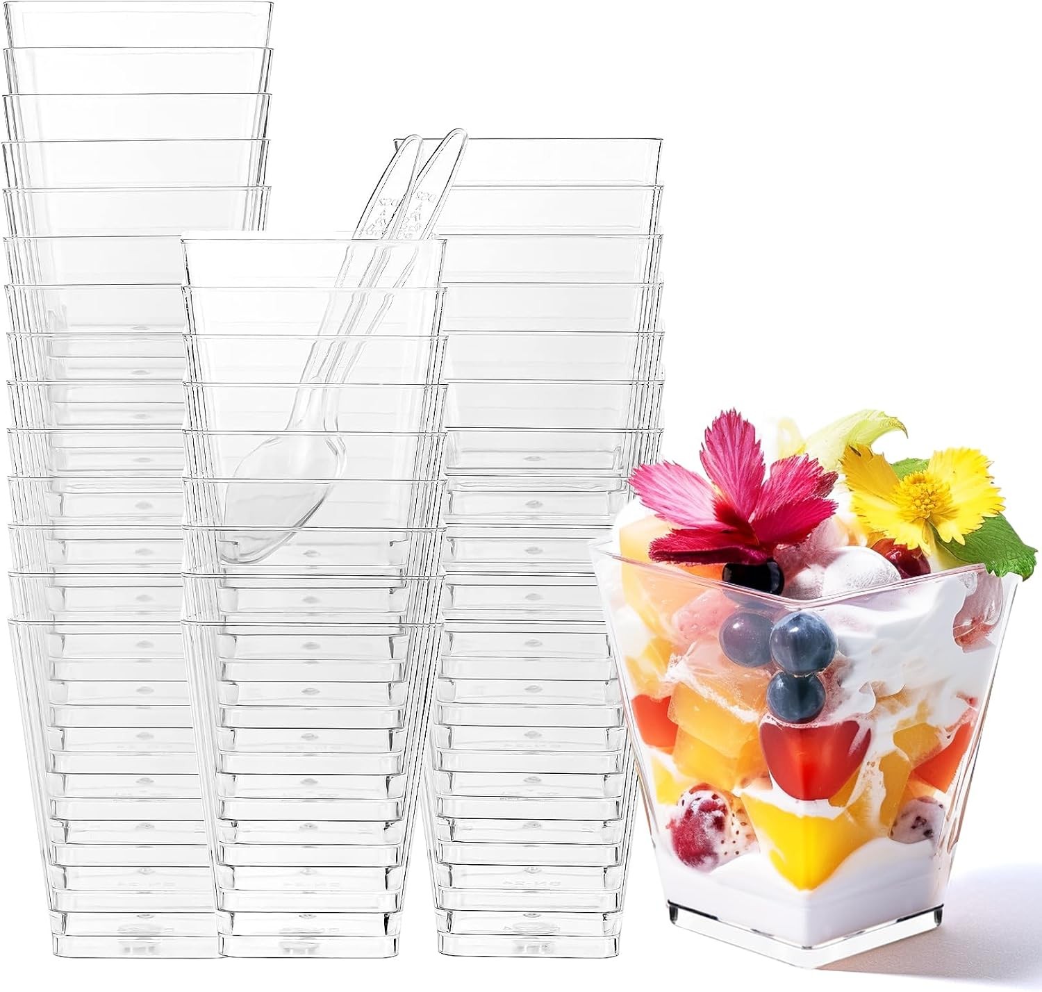 30 Pack 5 oz Square Dessert Cups with Spoons, Clear Plastic Parfait Cups for