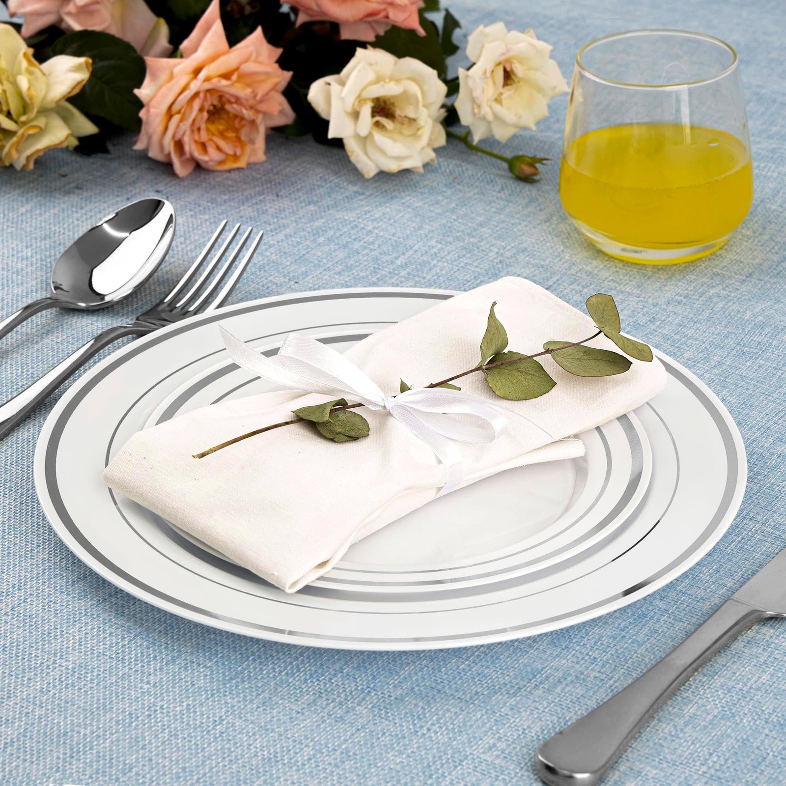 SETUP 100-Piece Silver Trim Plastic Dinnerware Set – 50 10.25″ Dinner & 50 7….